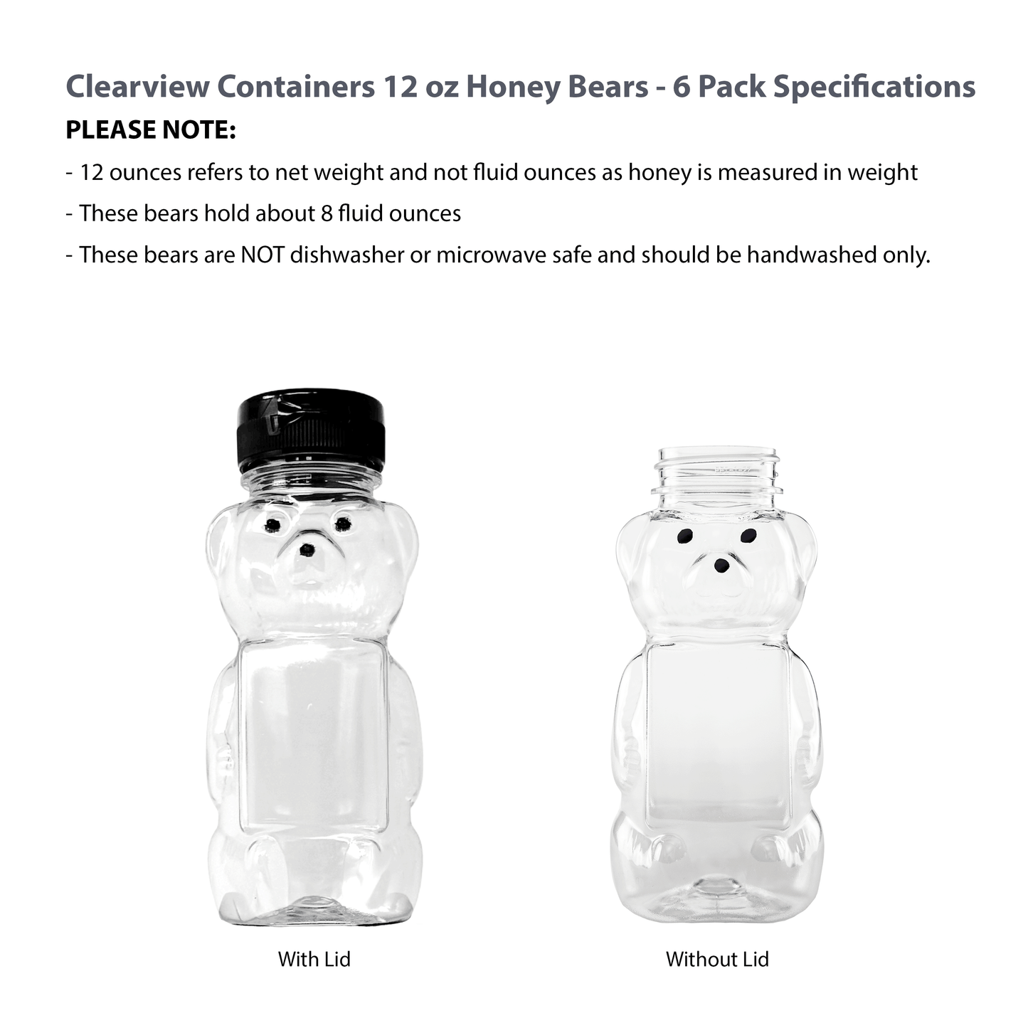 Clearview Containers - 6 Pack of 12 Ounce Clear Honey Bears with Sealable Black Flip Top Lids (12 oz. Clear Bear, 6pk, Black)
