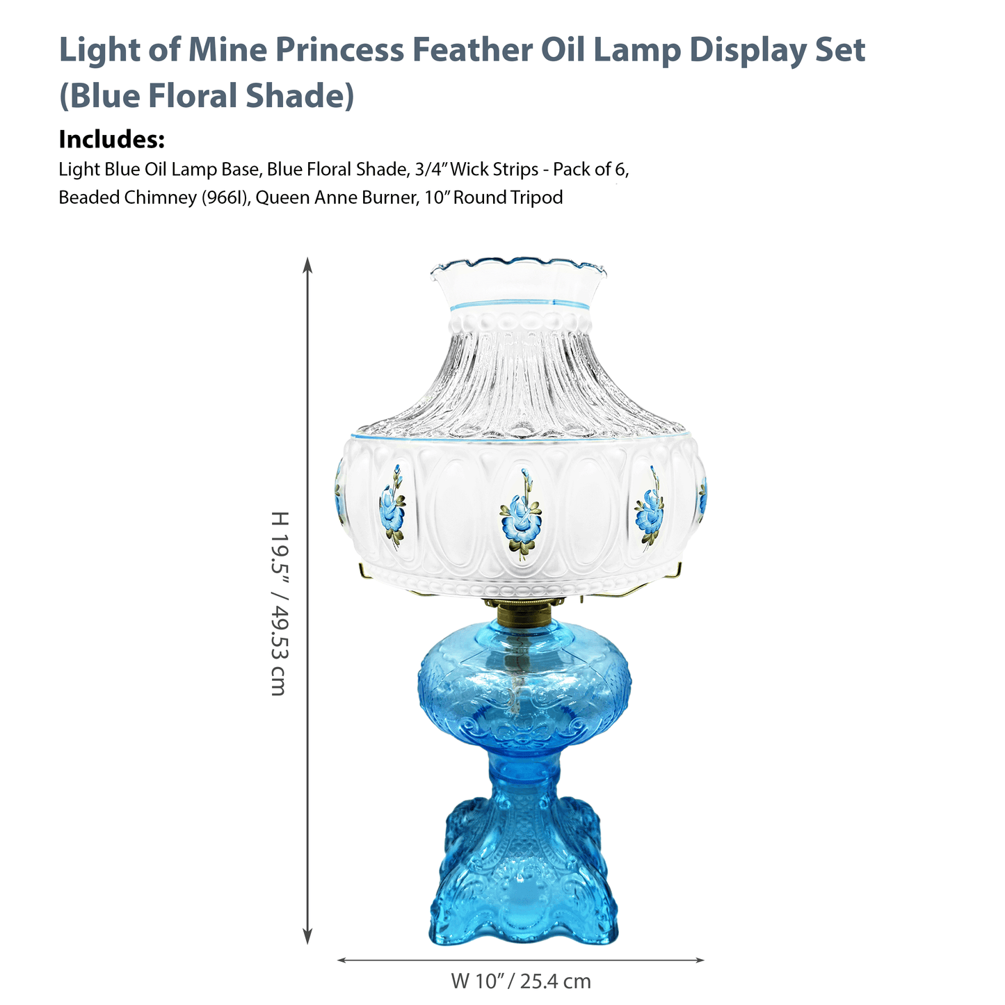Light of Mine - Princess Feather Light Blue Oil Lamp Assembly with 10" Blue Floral Shade and 100% Cotton Replacement 3/4" Wick Strips