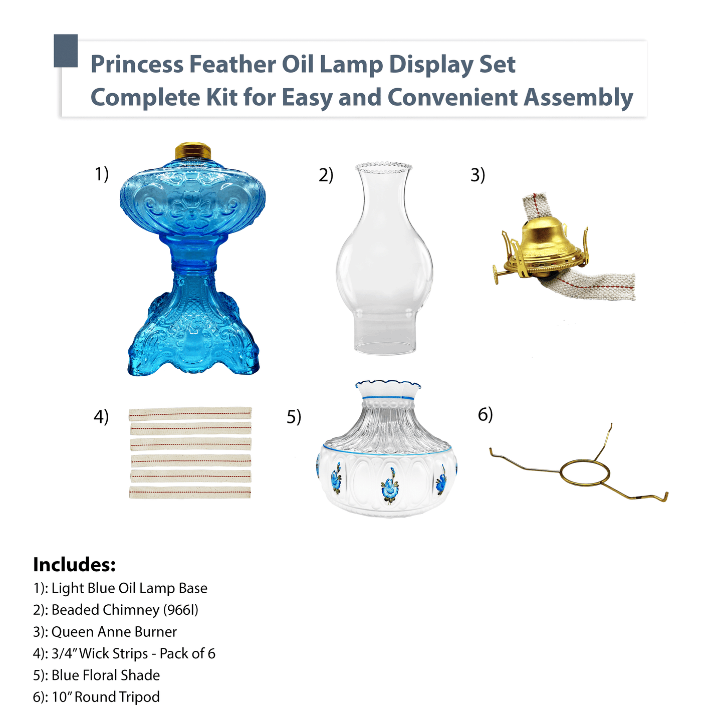 Light of Mine - Princess Feather Light Blue Oil Lamp Assembly with 10" Blue Floral Shade and 100% Cotton Replacement 3/4" Wick Strips