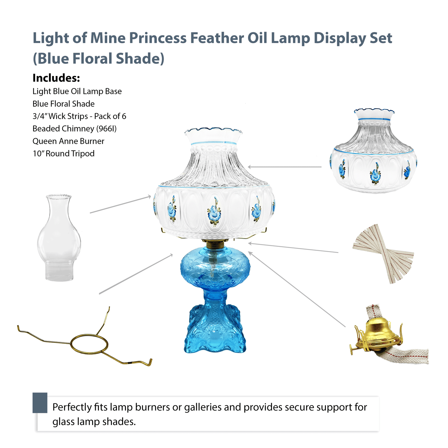 Light of Mine - Princess Feather Light Blue Oil Lamp Assembly with 10" Blue Floral Shade and 100% Cotton Replacement 3/4" Wick Strips