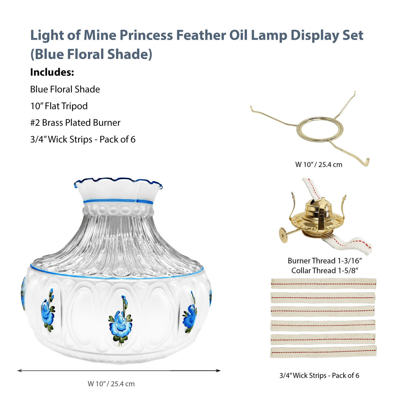 Light of Mine - Princess Feather Oil Lamp Replacement Kit Including 10" Flat Tripod, 10" Blue Floral Shade, No. 2 Brass Plated Burner, and 100% Cotton 3/4" Replacement Wick Strips