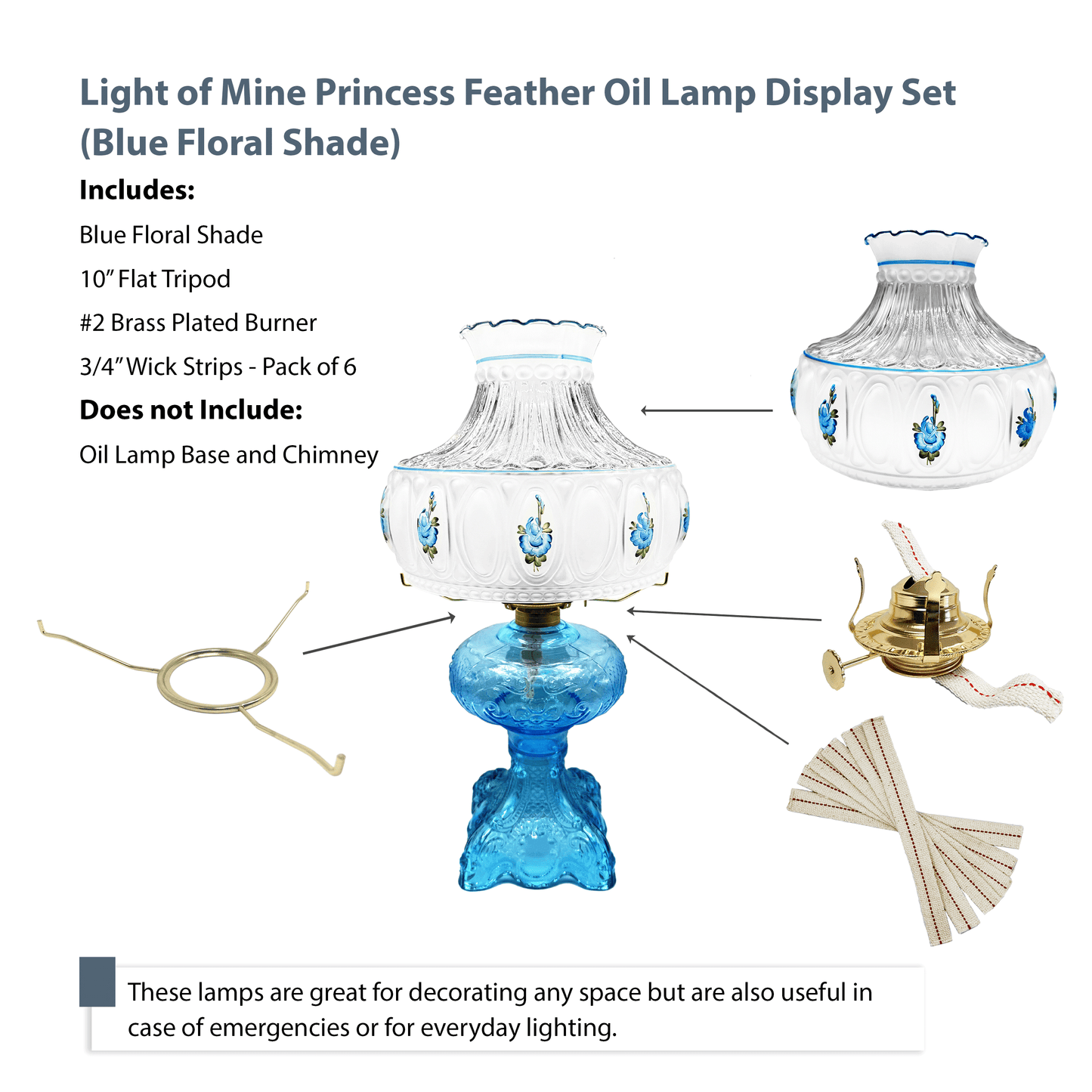 Light of Mine - Princess Feather Oil Lamp Replacement Kit Including 10" Flat Tripod, 10" Blue Floral Shade, No. 2 Brass Plated Burner, and 100% Cotton 3/4" Replacement Wick Strips