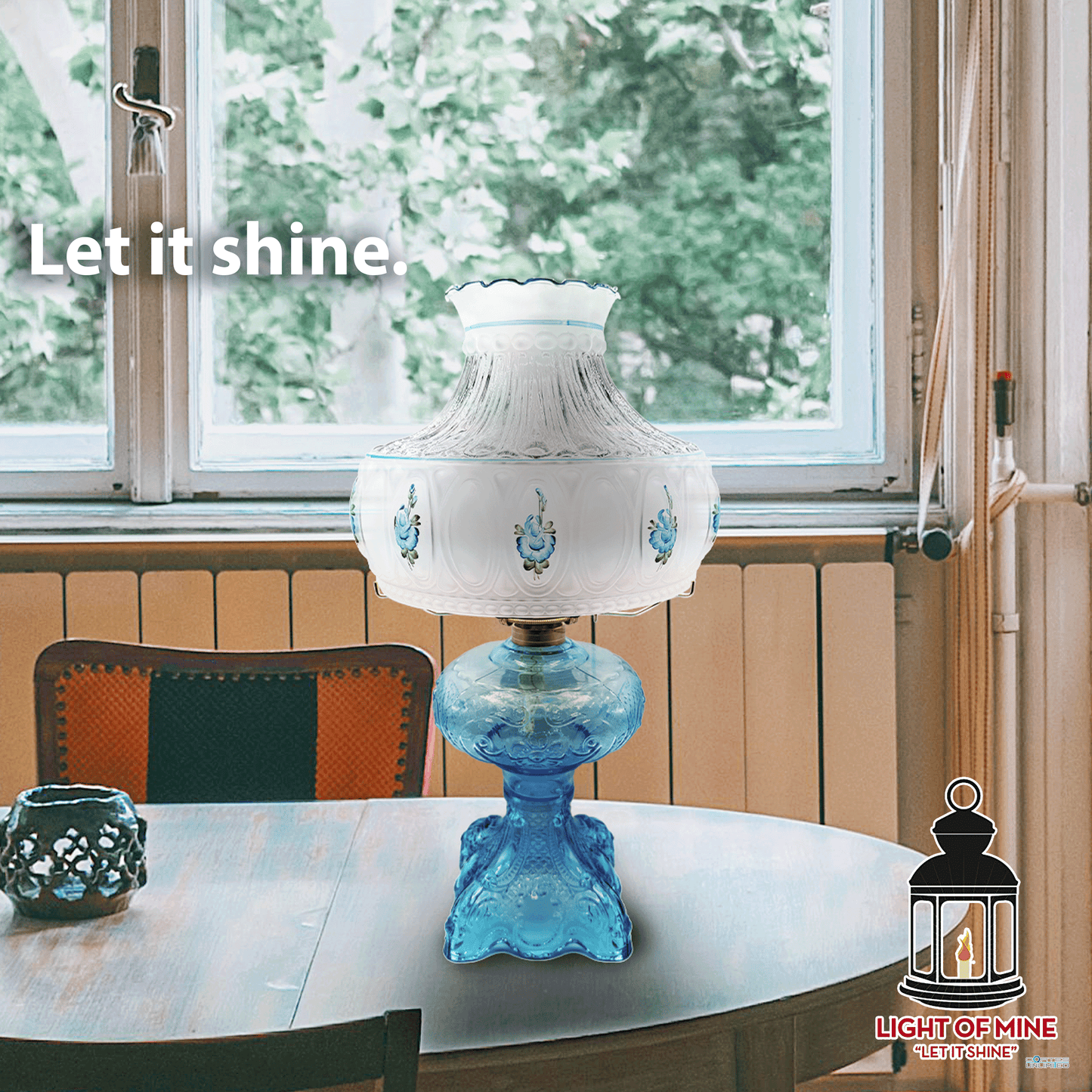 Light of Mine - Princess Feather Oil Lamp Replacement Kit Including 10" Flat Tripod, 10" Blue Floral Shade, No. 2 Brass Plated Burner, and 100% Cotton 3/4" Replacement Wick Strips