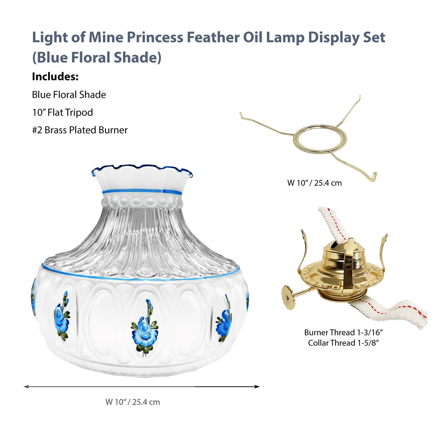 Light of Mine - Princess Feather Oil Lamp Replacement Kit Including 10" Flat Tripod, 10" Blue Floral Shade, and No. 2 Brass Plated Burner
