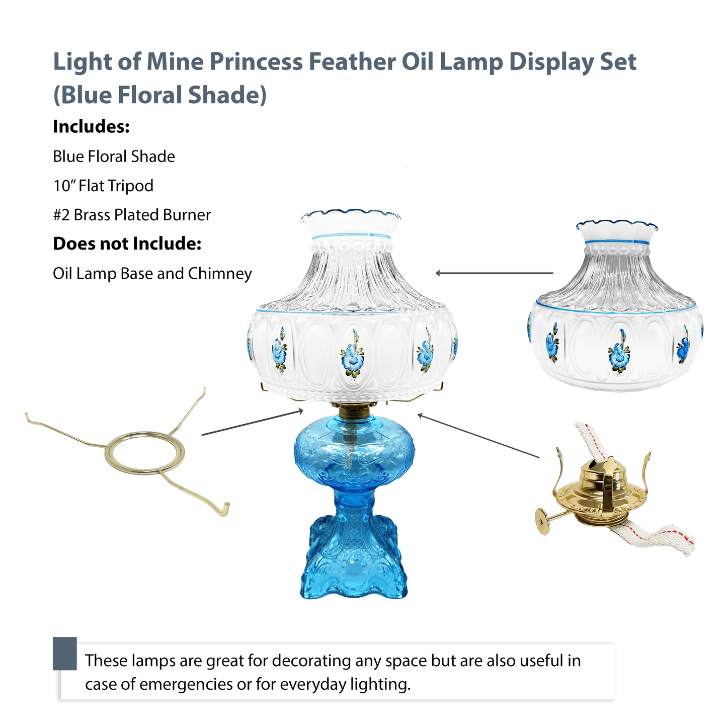 Light of Mine - Princess Feather Oil Lamp Replacement Kit Including 10" Flat Tripod, 10" Blue Floral Shade, and No. 2 Brass Plated Burner