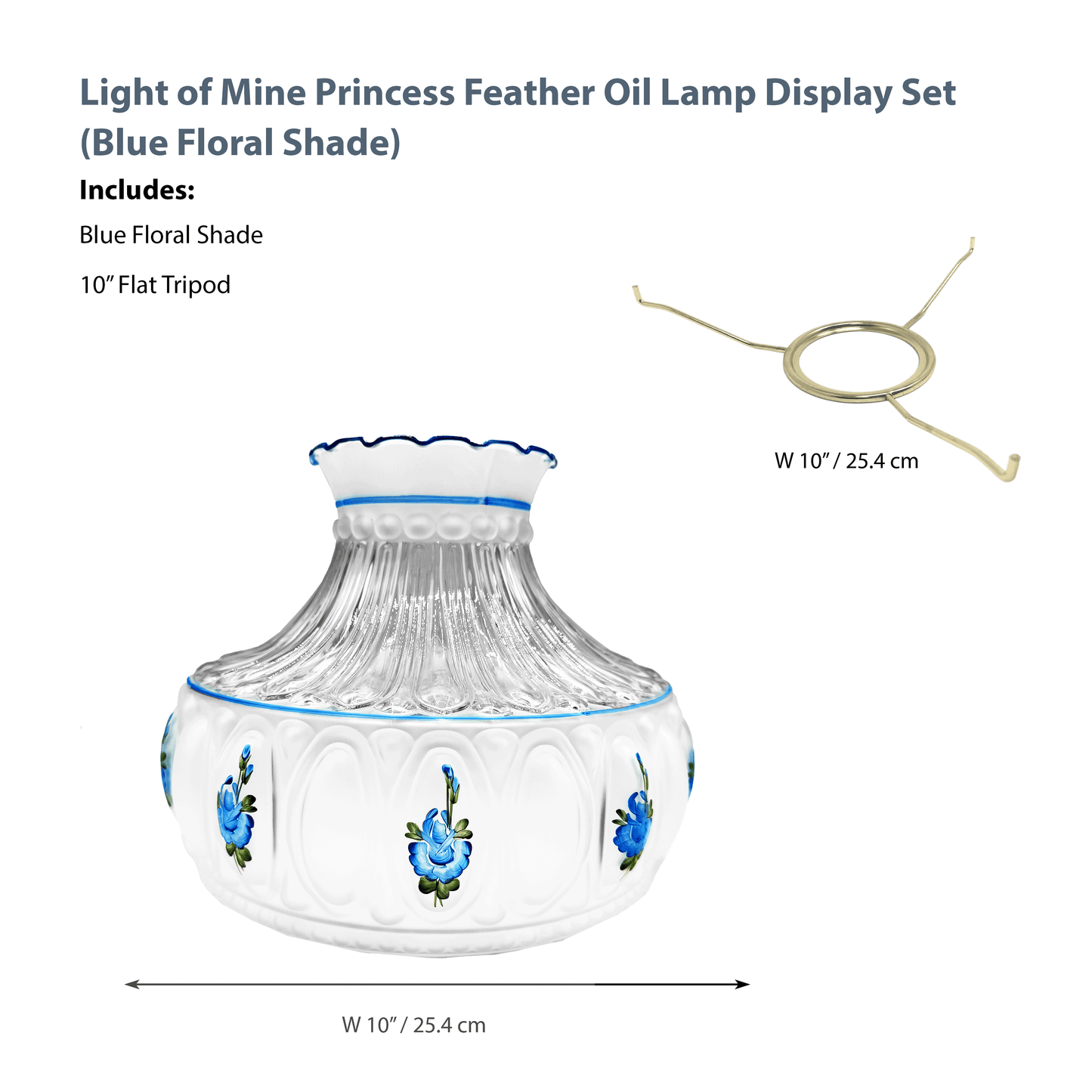Light of Mine - Princess Feather Oil Lamp Replacement Kit Including 10" Blue Floral Shade and 10" Flat Tripod