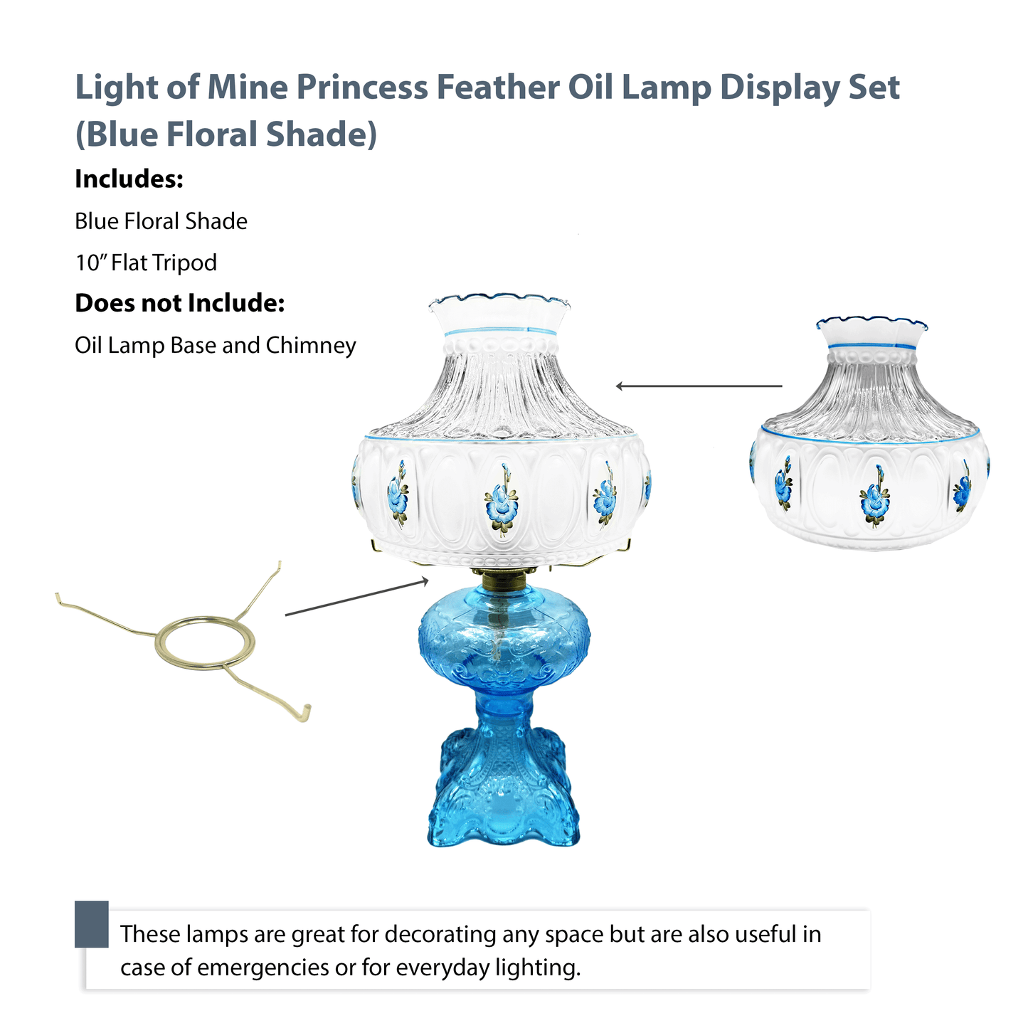 Light of Mine - Princess Feather Oil Lamp Replacement Kit Including 10" Blue Floral Shade and 10" Flat Tripod