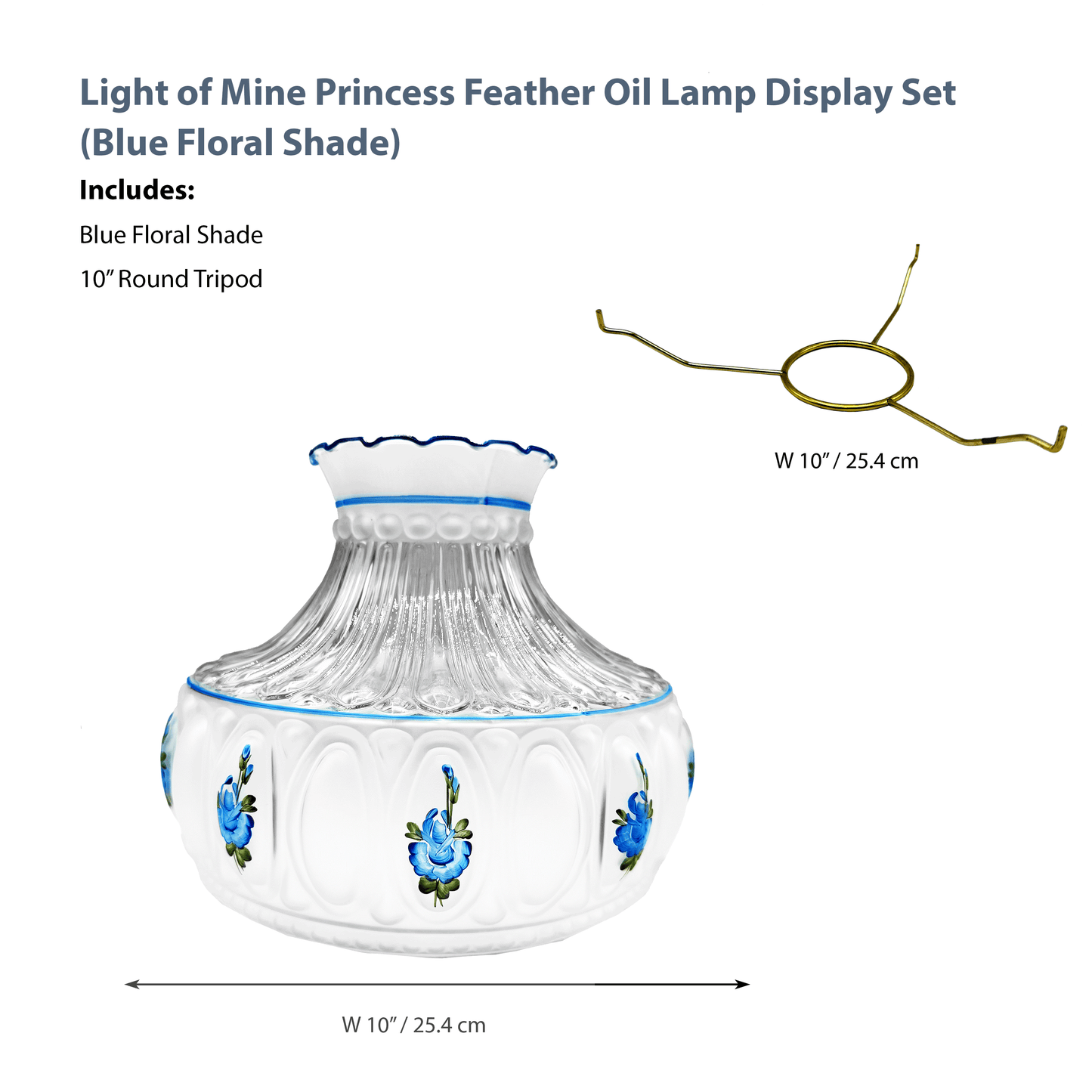Light of Mine - Princess Feather Oil Lamp Replacement Kit Including 10" Blue Floral Shade and 10" Round Tripod