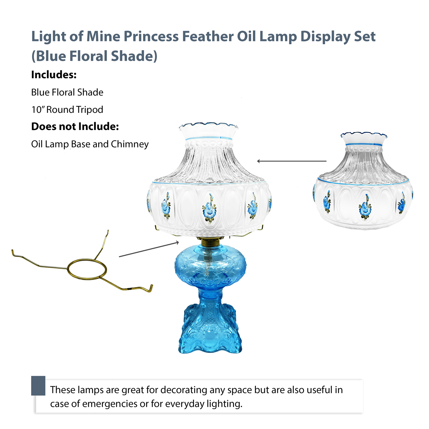 Light of Mine - Princess Feather Oil Lamp Replacement Kit Including 10" Blue Floral Shade and 10" Round Tripod