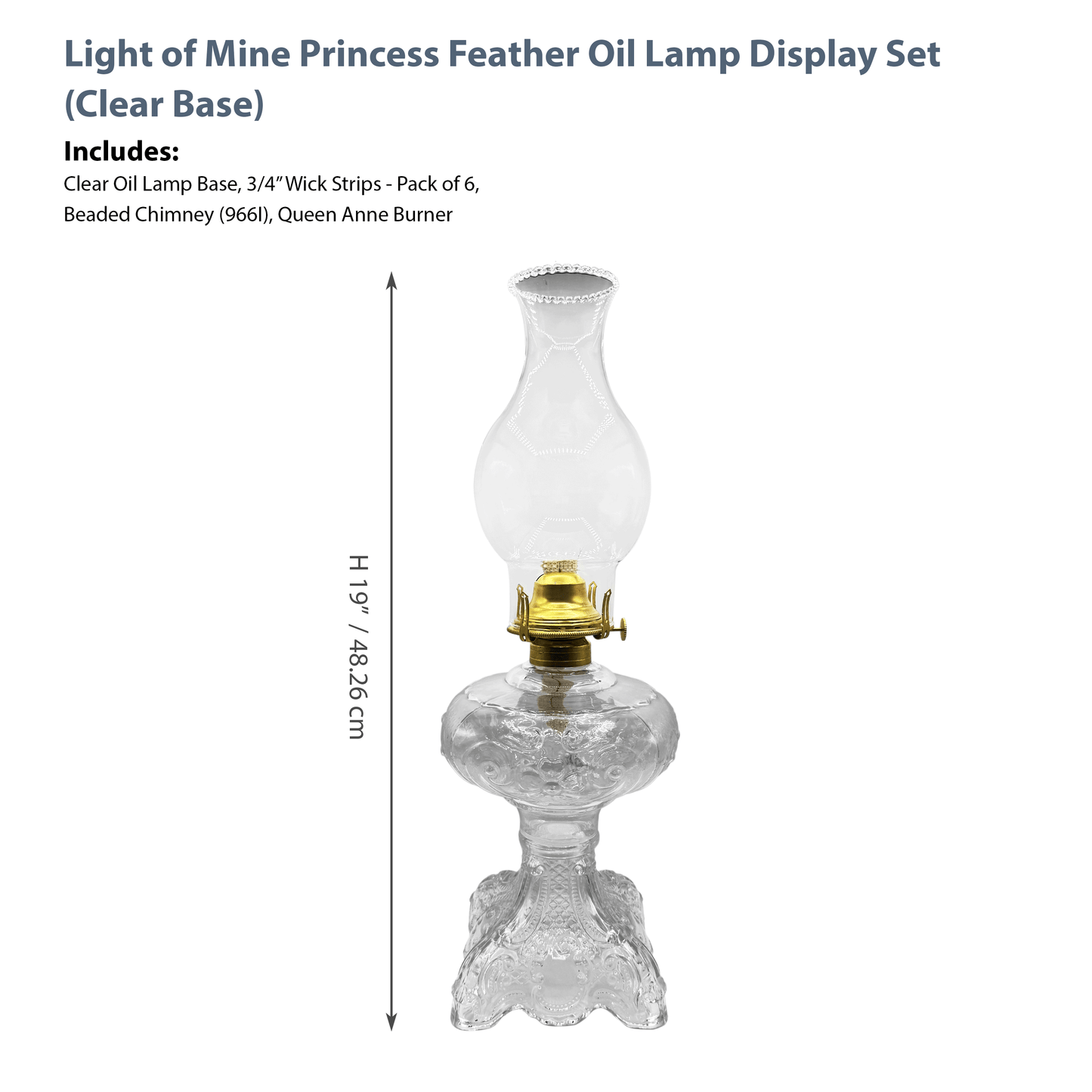 Light of Mine - Princess Feather Clear Oil Lamp Assembly with Replacement 100% Cotton 3/4" Wick Strips