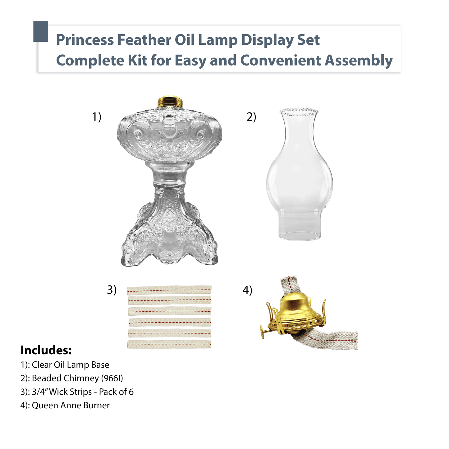 Light of Mine - Princess Feather Clear Oil Lamp Assembly with Replacement 100% Cotton 3/4" Wick Strips
