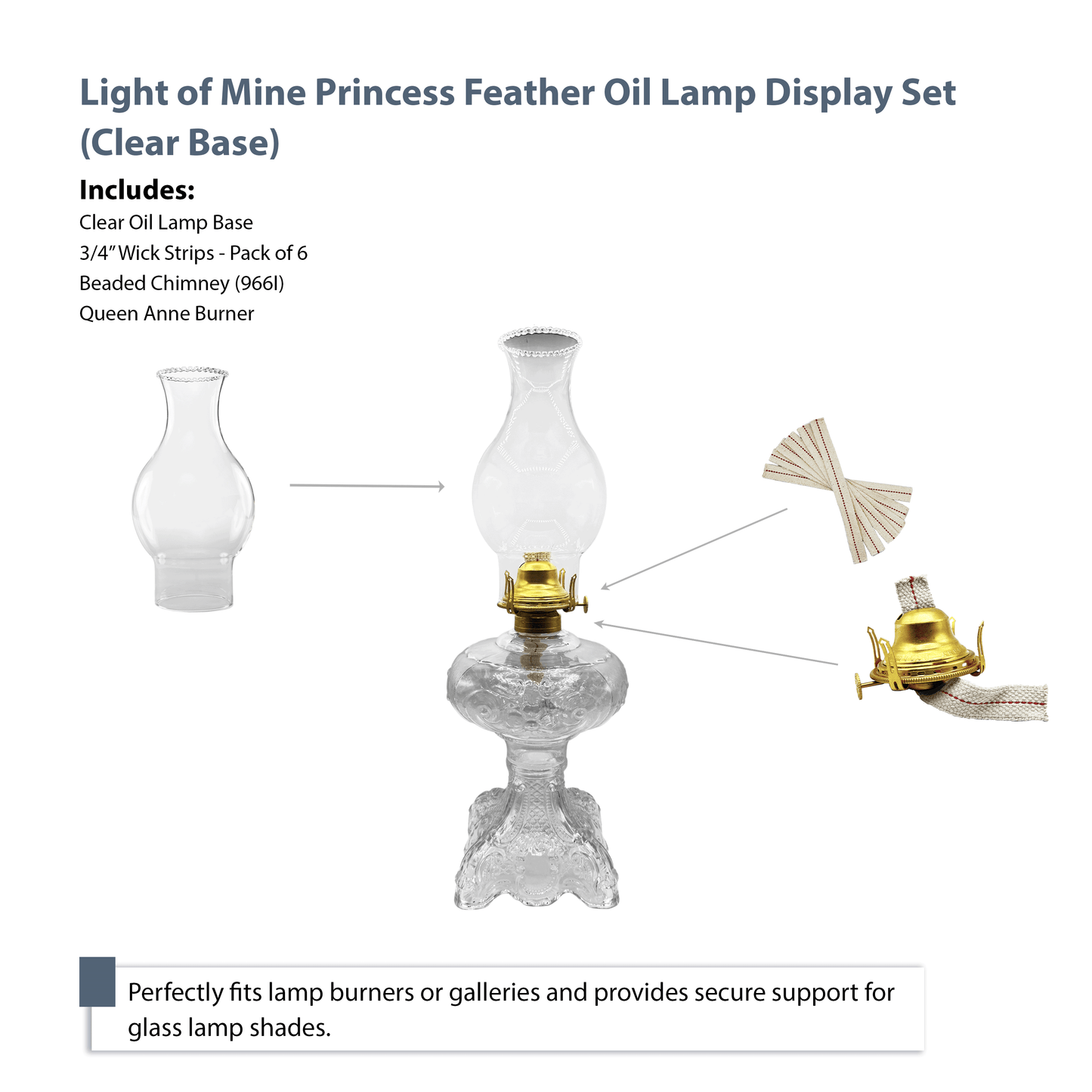 Light of Mine - Princess Feather Clear Oil Lamp Assembly with Replacement 100% Cotton 3/4" Wick Strips