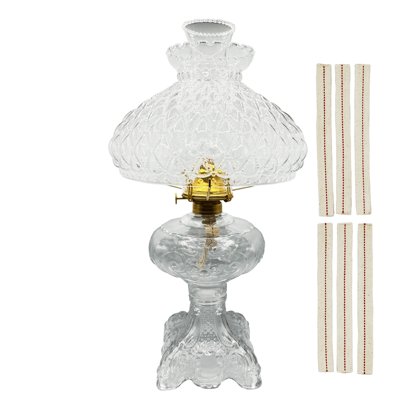 Light of Mine - Princess Feather Clear Oil Lamp Assembly with 10" Clear Quilted Shade and 100% Cotton Replacement 3/4" Wick Strips