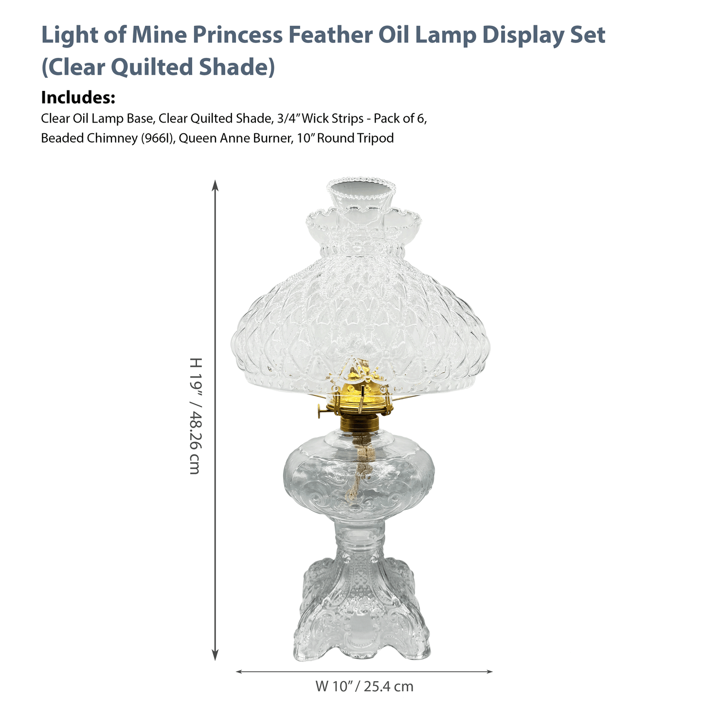 Light of Mine - Princess Feather Clear Oil Lamp Assembly with 10" Clear Quilted Shade and 100% Cotton Replacement 3/4" Wick Strips