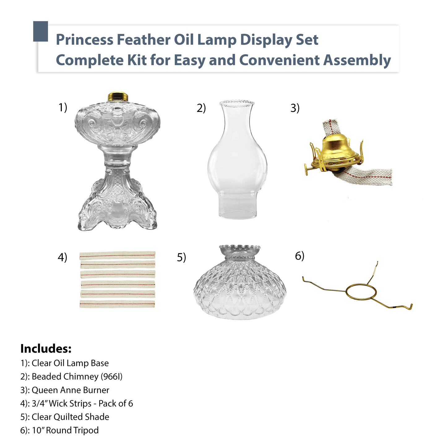 Light of Mine - Princess Feather Clear Oil Lamp Assembly with 10" Clear Quilted Shade and 100% Cotton Replacement 3/4" Wick Strips