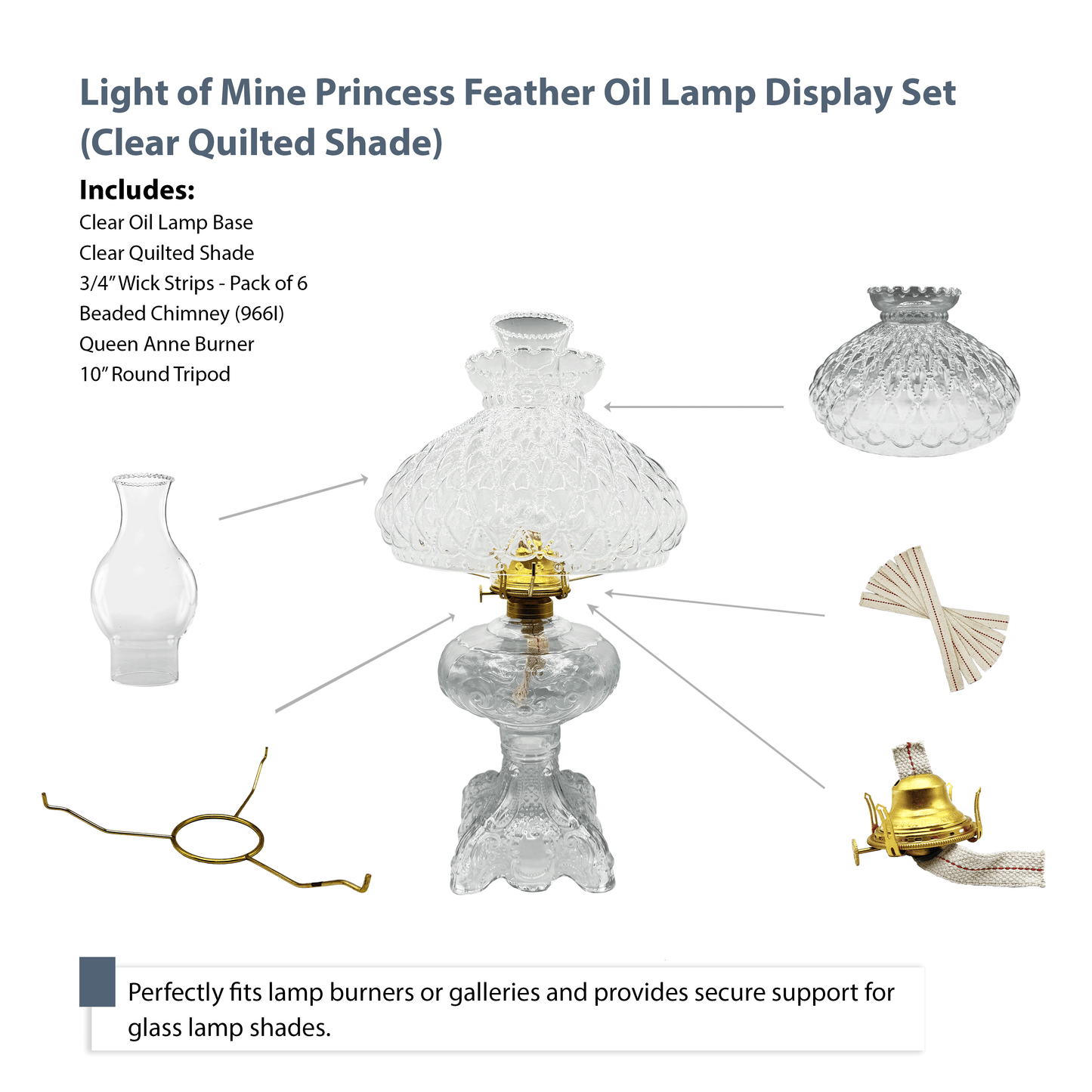 Light of Mine - Princess Feather Clear Oil Lamp Assembly with 10" Clear Quilted Shade and 100% Cotton Replacement 3/4" Wick Strips