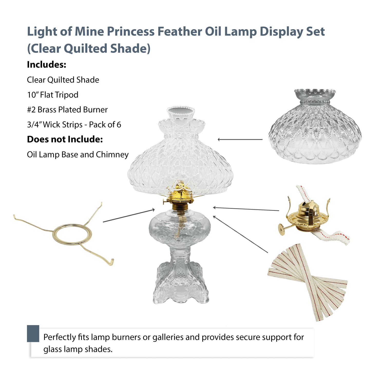 Light of Mine - Princess Feather Oil Lamp Replacement Kit Including 10" Flat Tripod, 10" Clear Quilted Shade, No. 2 Brass Plated Burner, and 100% Cotton 3/4" Replacement Wick Strips