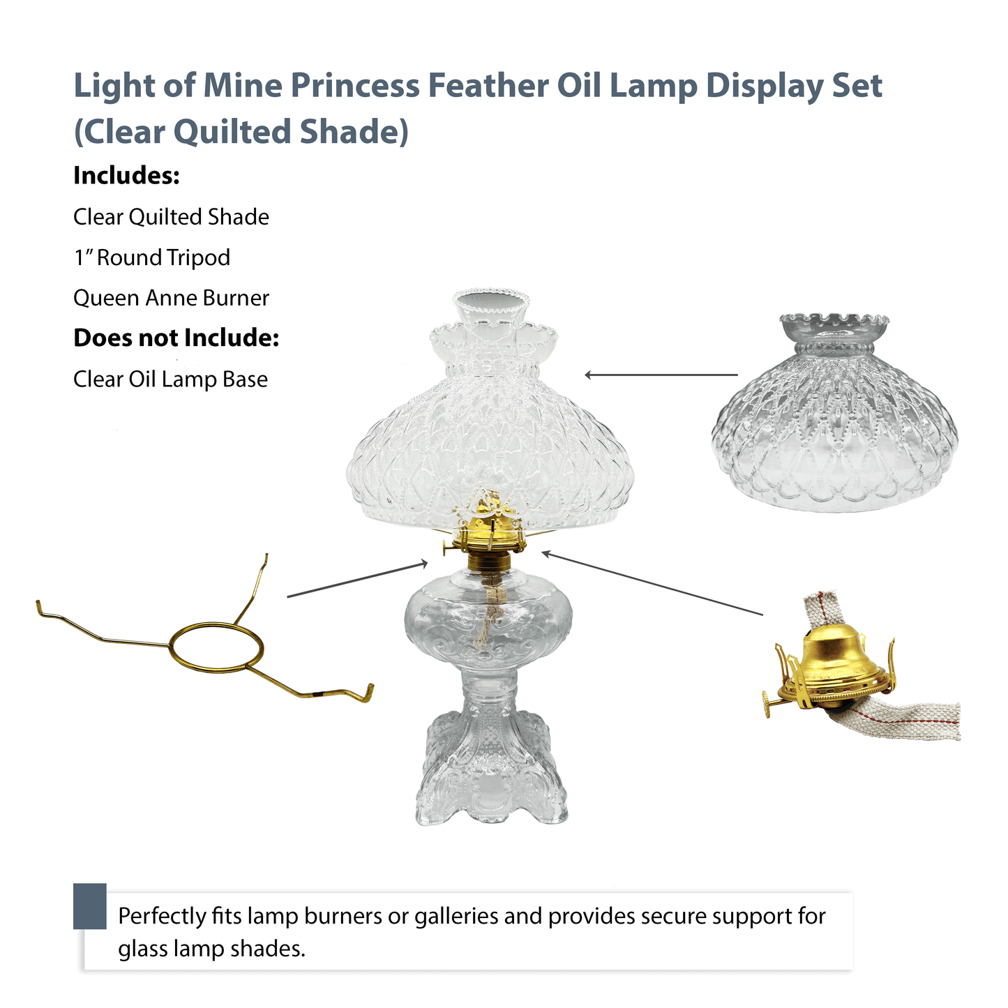 Light of Mine - Princess Feather Oil Lamp Replacement Kit Including 10" Clear Quilted Shade, Queen Anne Solid Brass Burner, and 10" Round Tripod