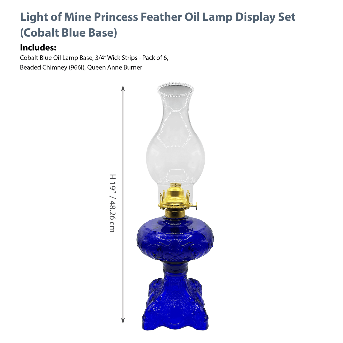 Light of Mine - Princess Feather Cobalt Blue Oil Lamp Assembly with 100% Cotton Replacement 3/4" Wick Strips
