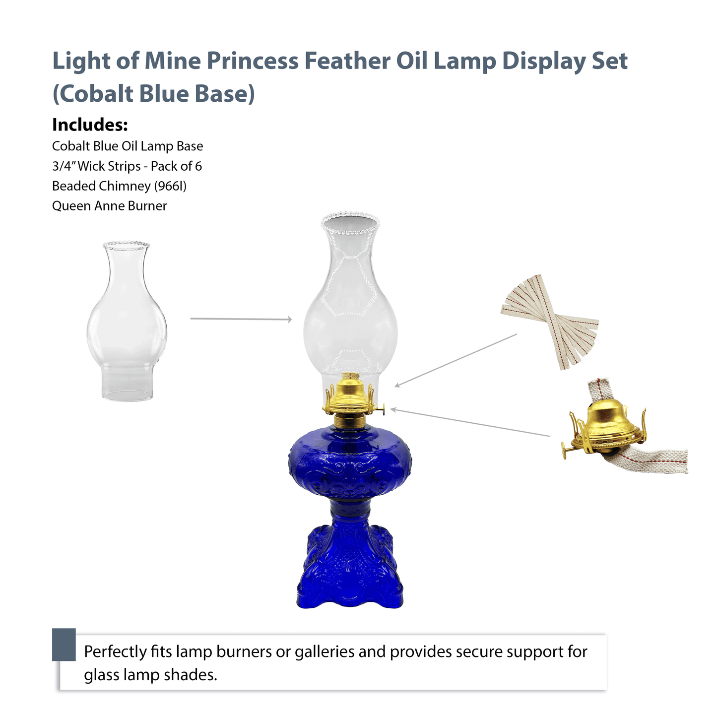Light of Mine - Princess Feather Cobalt Blue Oil Lamp Assembly with 100% Cotton Replacement 3/4" Wick Strips