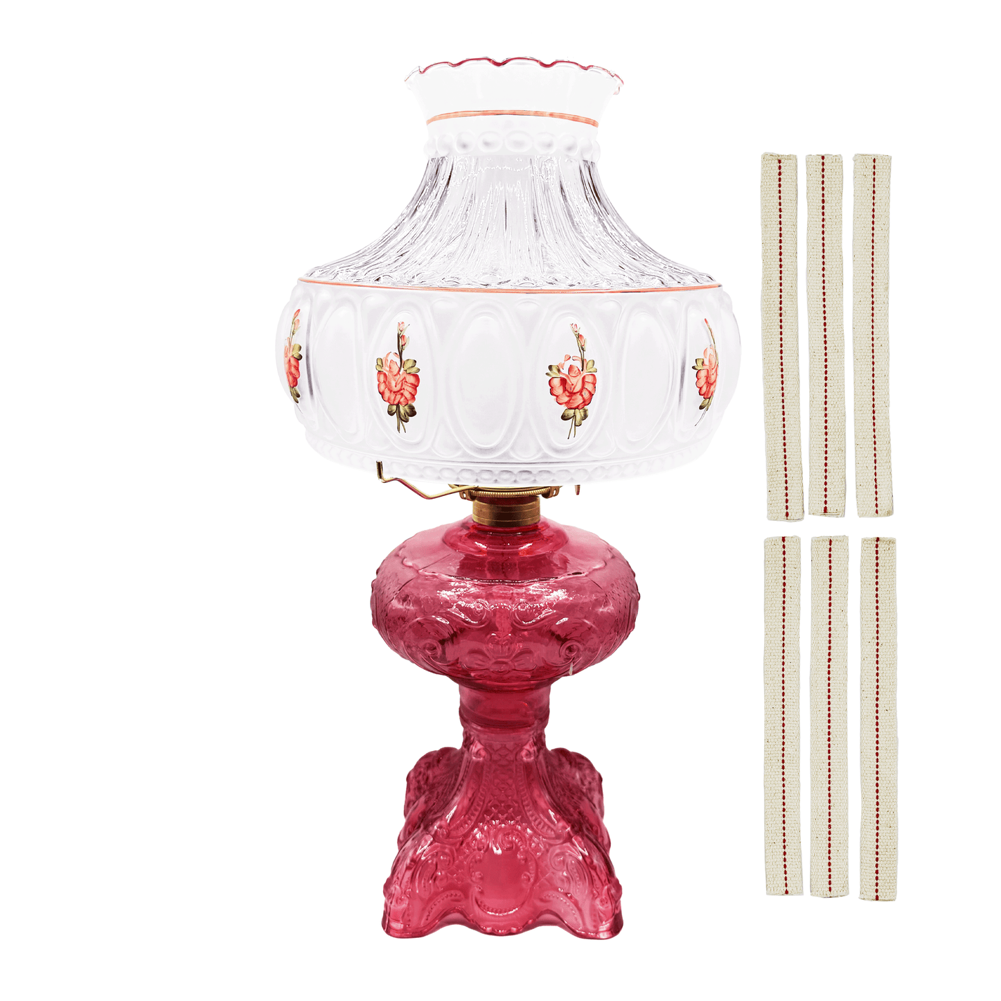 Light of Mine - Princess Feather Cranberry Oil Lamp Assembly with 10" Pink Floral Shade and 100% Cotton Replacement 3/4" Wick Strips