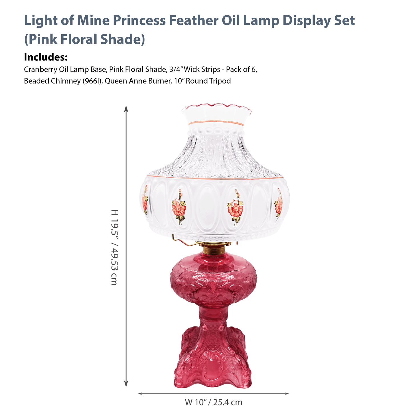 Light of Mine - Princess Feather Cranberry Oil Lamp Assembly with 10" Pink Floral Shade and 100% Cotton Replacement 3/4" Wick Strips
