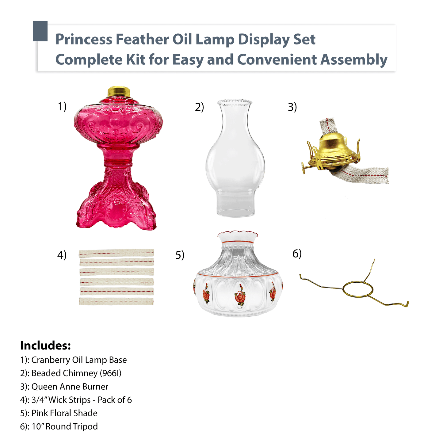 Light of Mine - Princess Feather Cranberry Oil Lamp Assembly with 10" Pink Floral Shade and 100% Cotton Replacement 3/4" Wick Strips