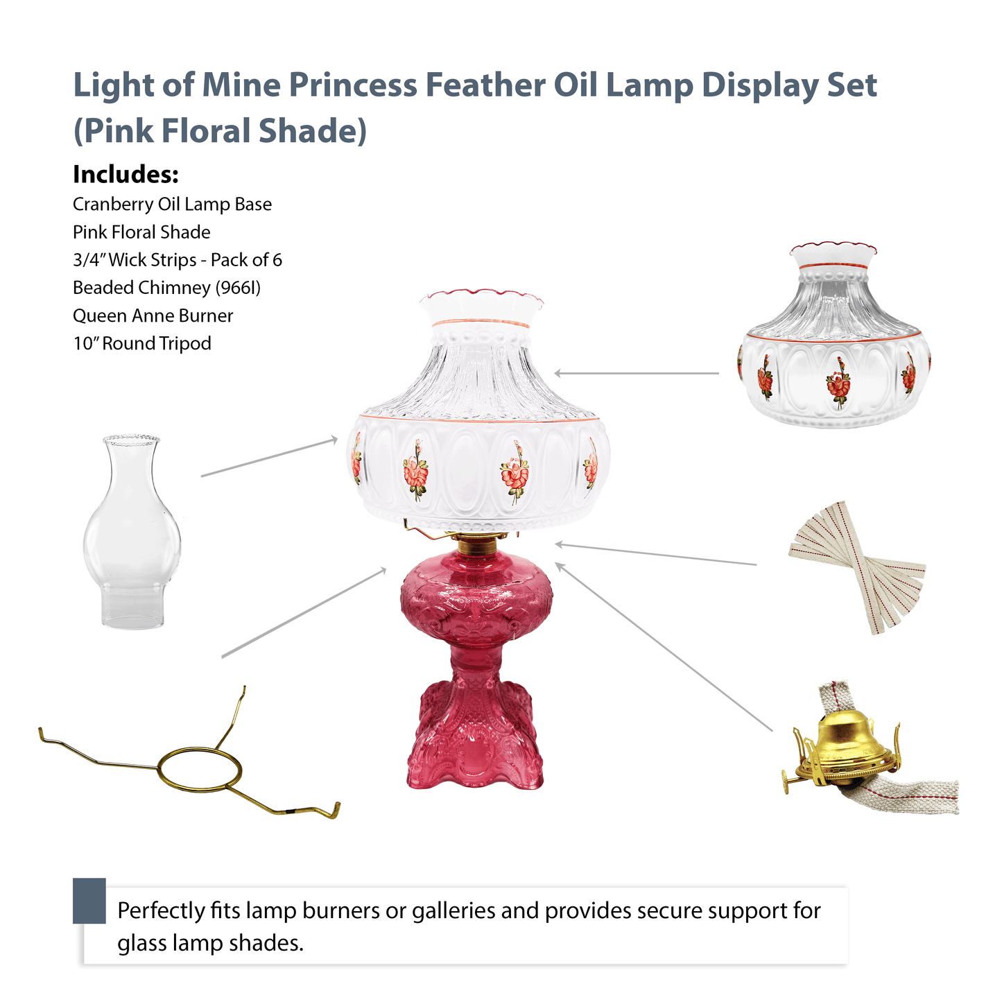 Light of Mine - Princess Feather Cranberry Oil Lamp Assembly with 10" Pink Floral Shade and 100% Cotton Replacement 3/4" Wick Strips