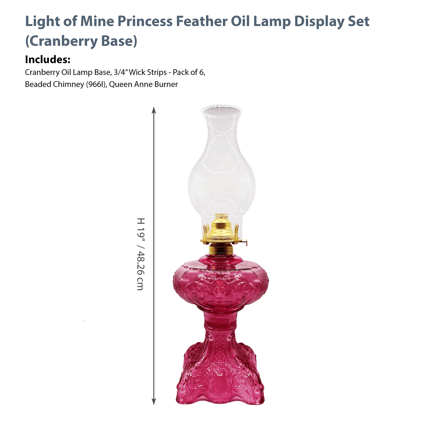 Light of Mine - Princess Feather Cranberry Oil Lamp Assembly with Replacement 100% Cotton 3/4" Wick Strips