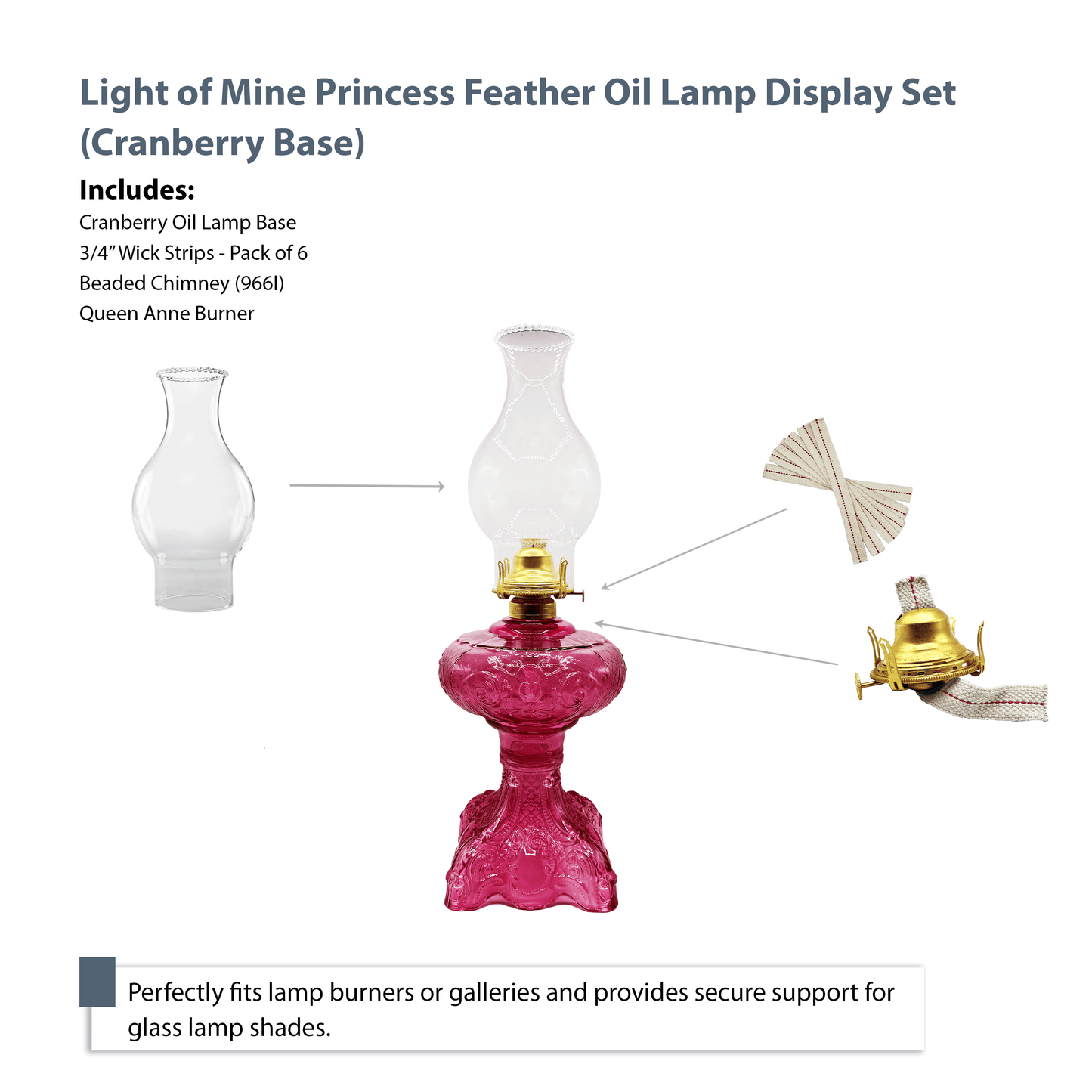 Light of Mine - Princess Feather Cranberry Oil Lamp Assembly with Replacement 100% Cotton 3/4" Wick Strips