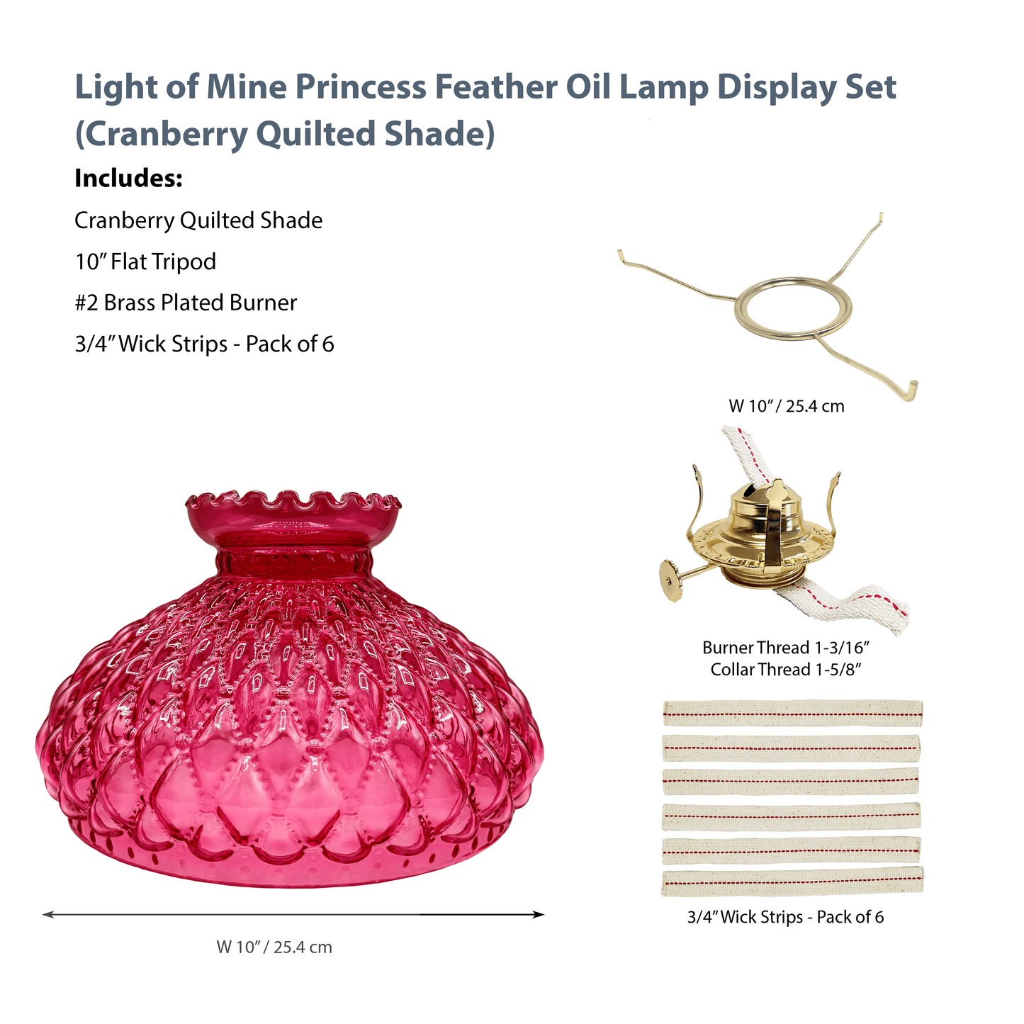 Light of Mine 10" Tripod with Princess Feather Shade and Burner (10" Flat Tripod with Cranberry Quilted Shade, #2 Brass Plated Burner, and 3/4" Wick Strips)