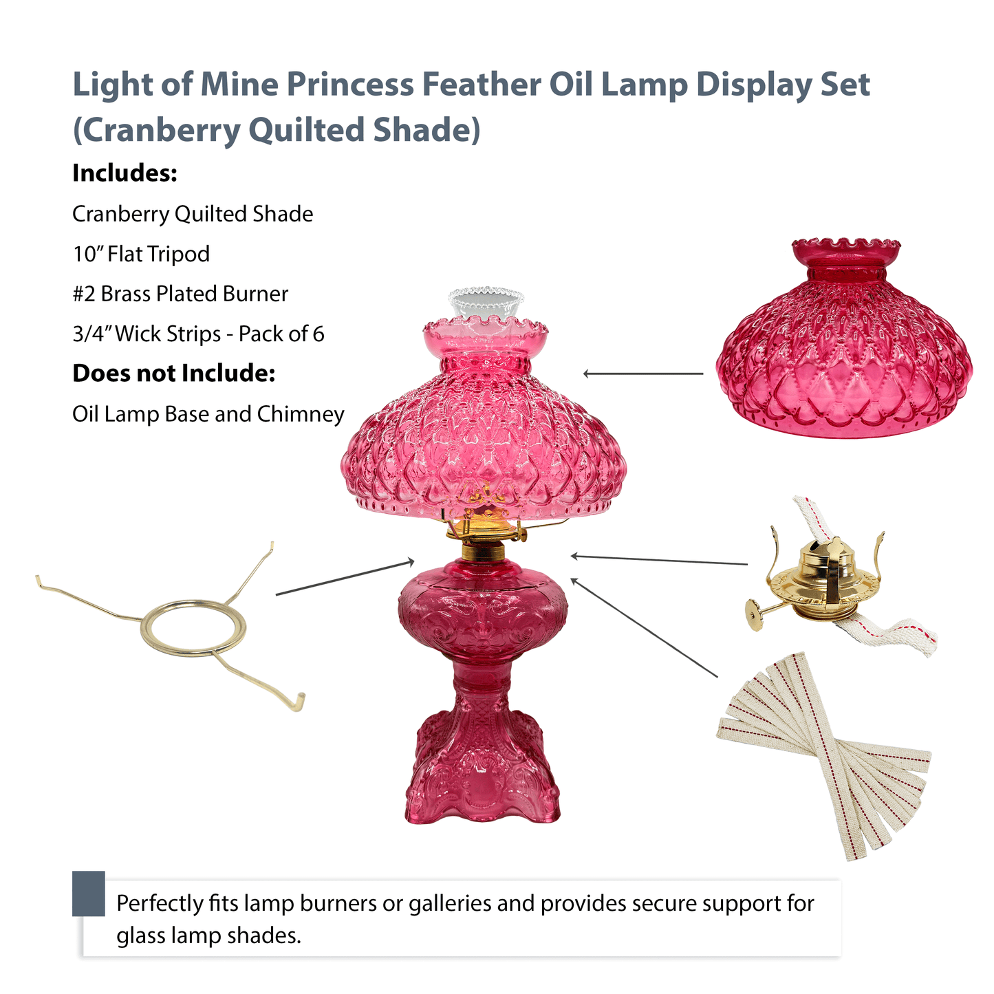 Light of Mine 10" Tripod with Princess Feather Shade and Burner (10" Flat Tripod with Cranberry Quilted Shade, #2 Brass Plated Burner, and 3/4" Wick Strips)