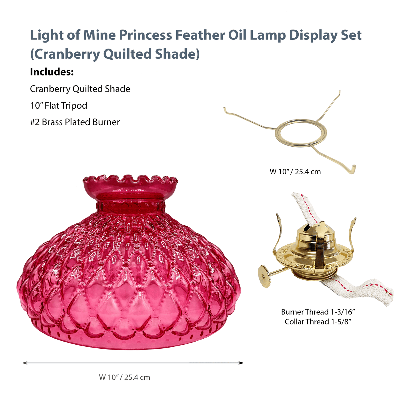 Light of Mine - Princess Feather Oil Lamp Replacement Kit Including 10" Flat Tripod, 10" Quilted Cranberry Shade, and No. 2 Brass Plated Burner