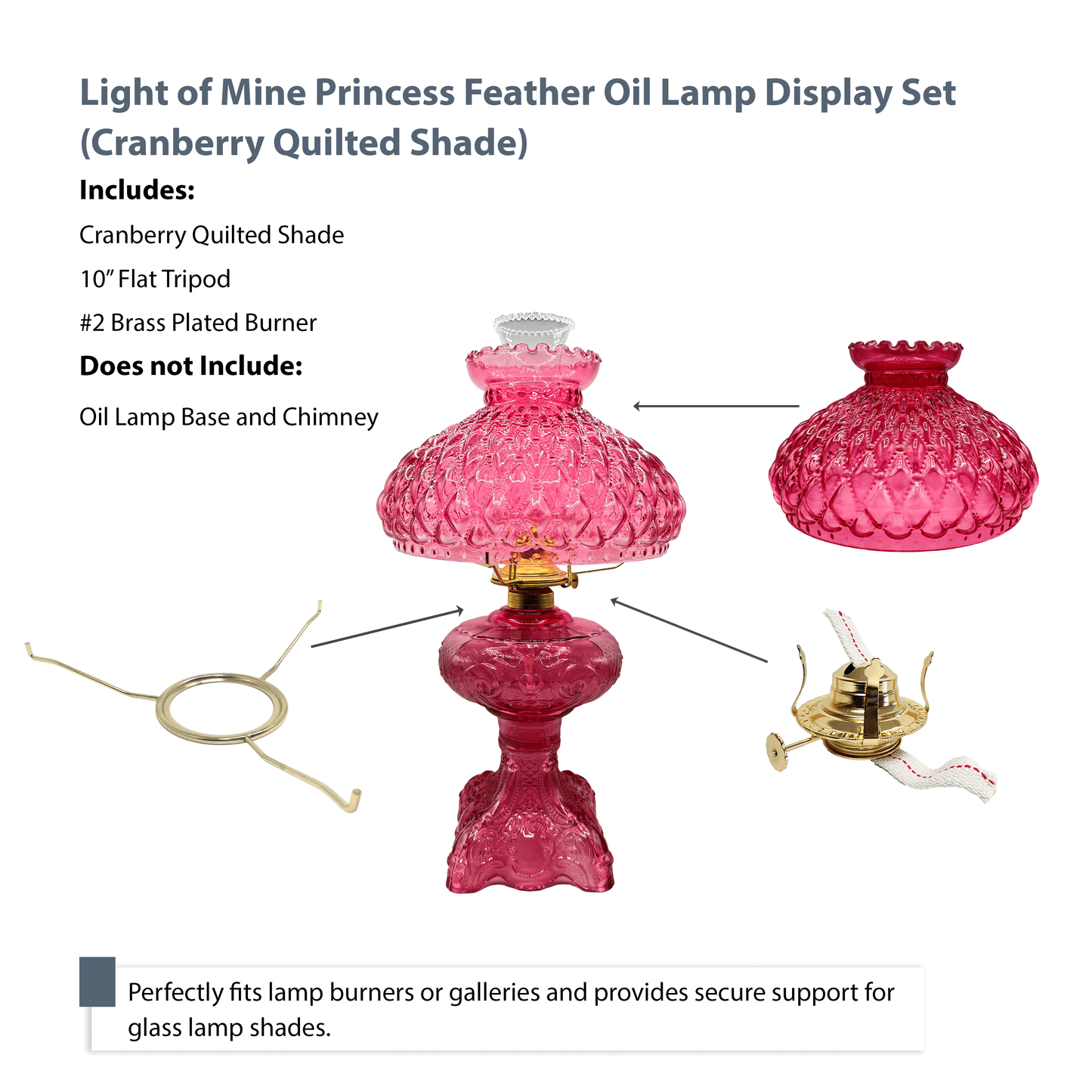 Light of Mine - Princess Feather Oil Lamp Replacement Kit Including 10" Flat Tripod, 10" Quilted Cranberry Shade, and No. 2 Brass Plated Burner