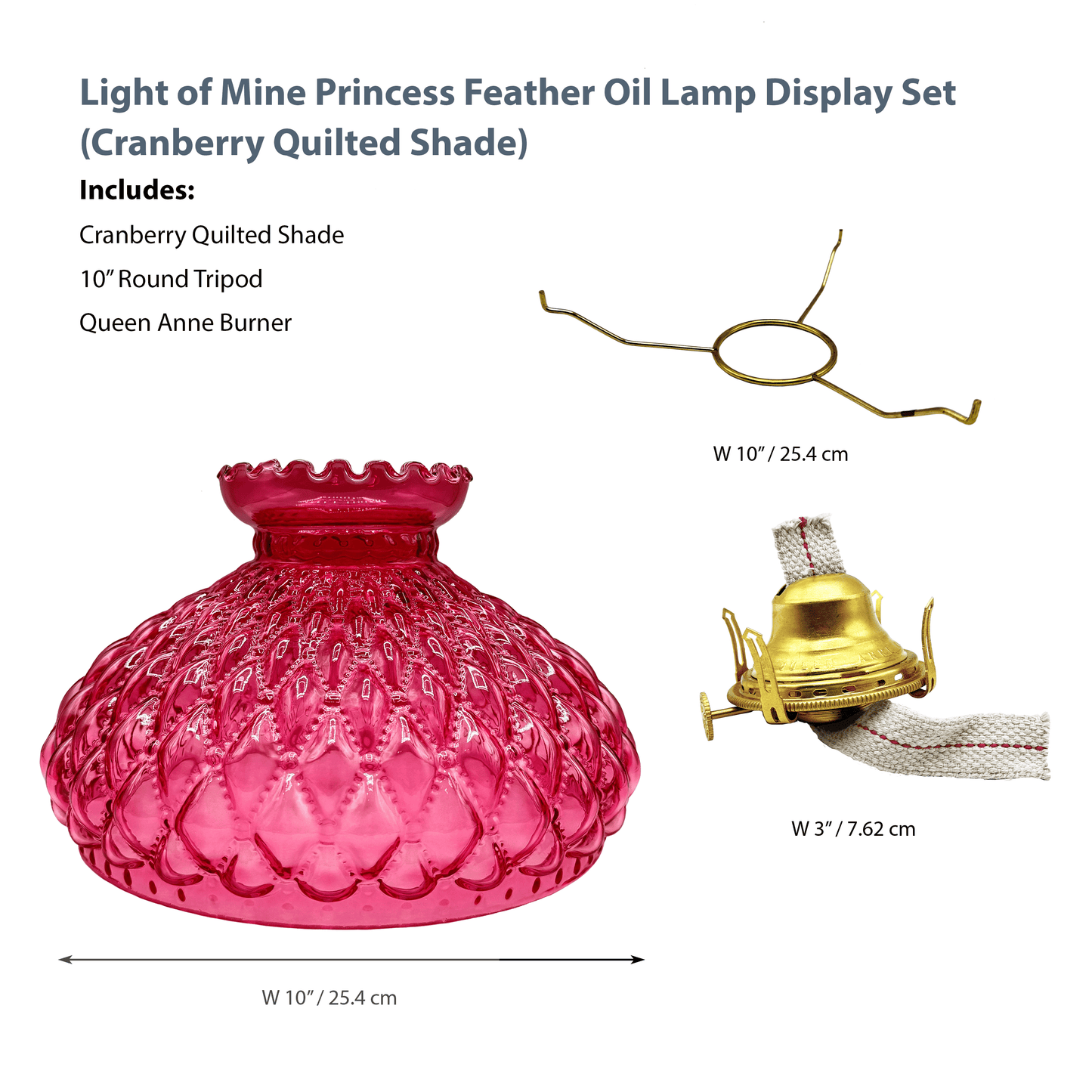 Light of Mine - Princess Feather Oil Lamp Replacement Kit Including 10" Cranberry Quilted Shade, Queen Anne Solid Brass Burner, and 10" Round Tripod