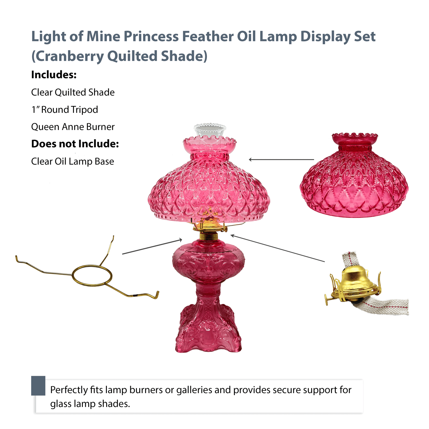 Light of Mine - Princess Feather Oil Lamp Replacement Kit Including 10" Cranberry Quilted Shade, Queen Anne Solid Brass Burner, and 10" Round Tripod