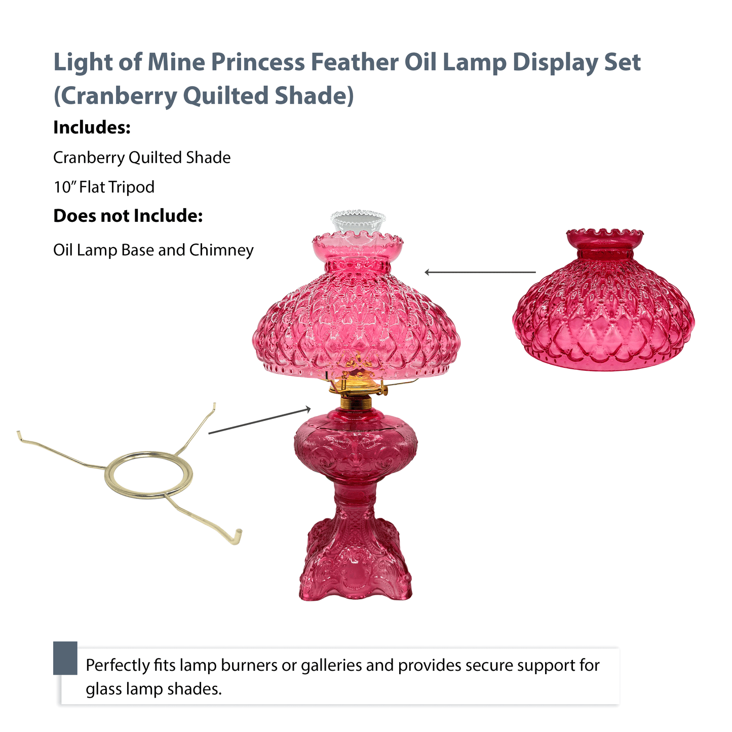Light of Mine - Princess Feather Oil Lamp Replacement Kit Including 10" Cranberry Quilted Shade and 10" Flat Tripod