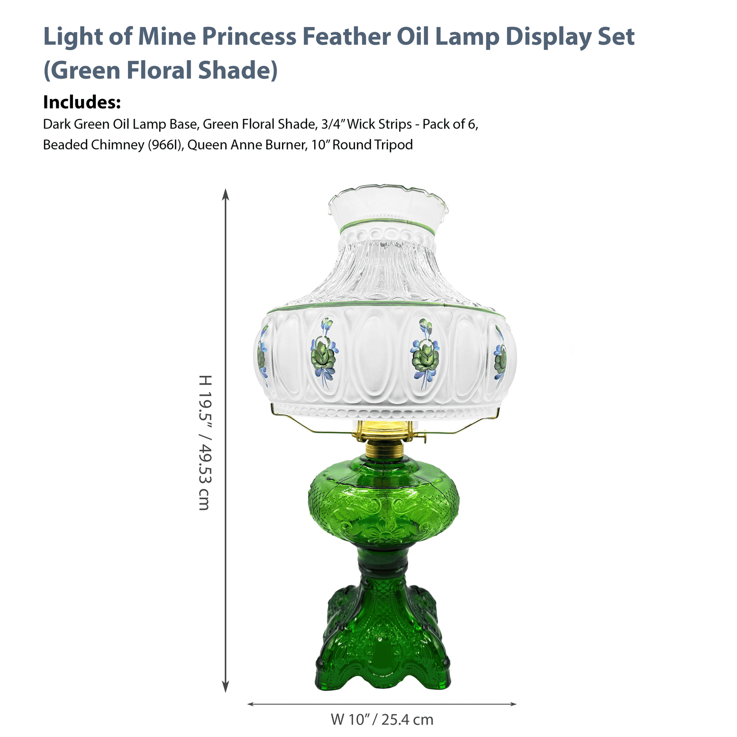 Light of Mine - Princess Feather Dark Green Oil Lamp Assembly with 10" Green Floral Shade and 100% Cotton Replacement 3/4" Wick Strips