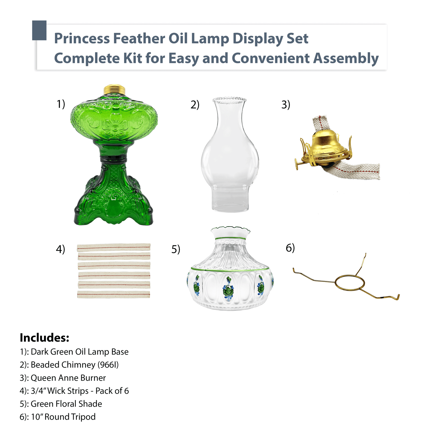 Light of Mine - Princess Feather Dark Green Oil Lamp Assembly with 10" Green Floral Shade and 100% Cotton Replacement 3/4" Wick Strips