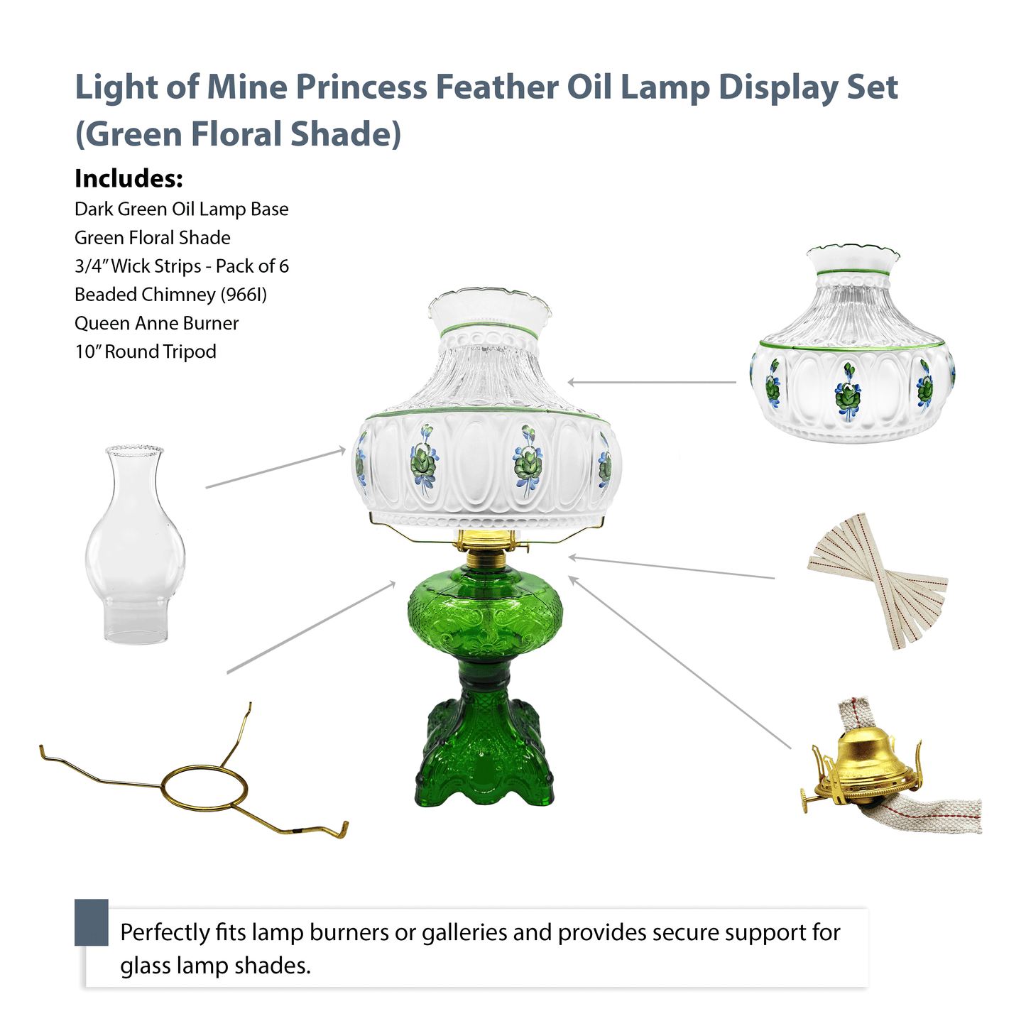 Light of Mine - Princess Feather Dark Green Oil Lamp Assembly with 10" Green Floral Shade and 100% Cotton Replacement 3/4" Wick Strips