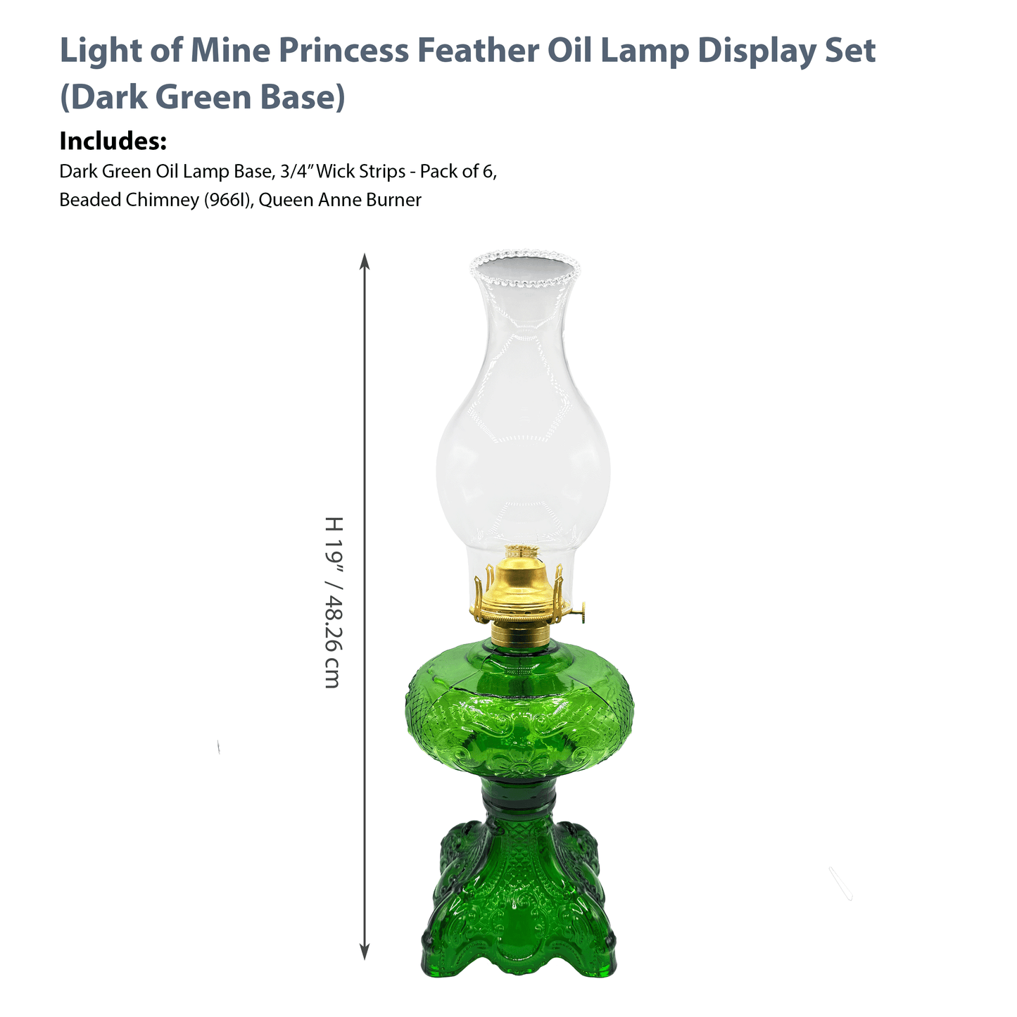 Light of Mine - Princess Feather Dark Green Oil Lamp Assembly with 100% Cotton Replacement 3/4" Wick Strips