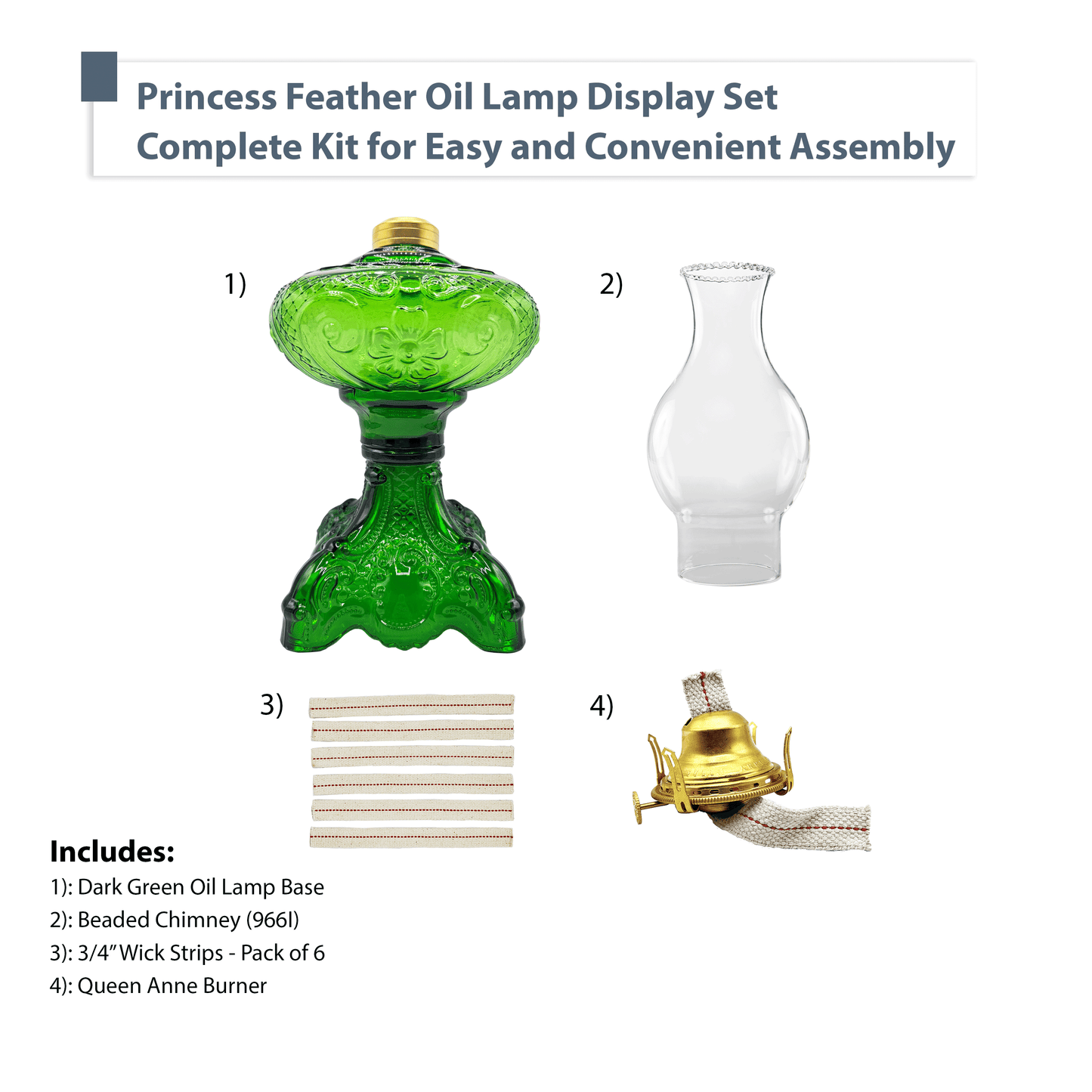 Light of Mine - Princess Feather Dark Green Oil Lamp Assembly with 100% Cotton Replacement 3/4" Wick Strips