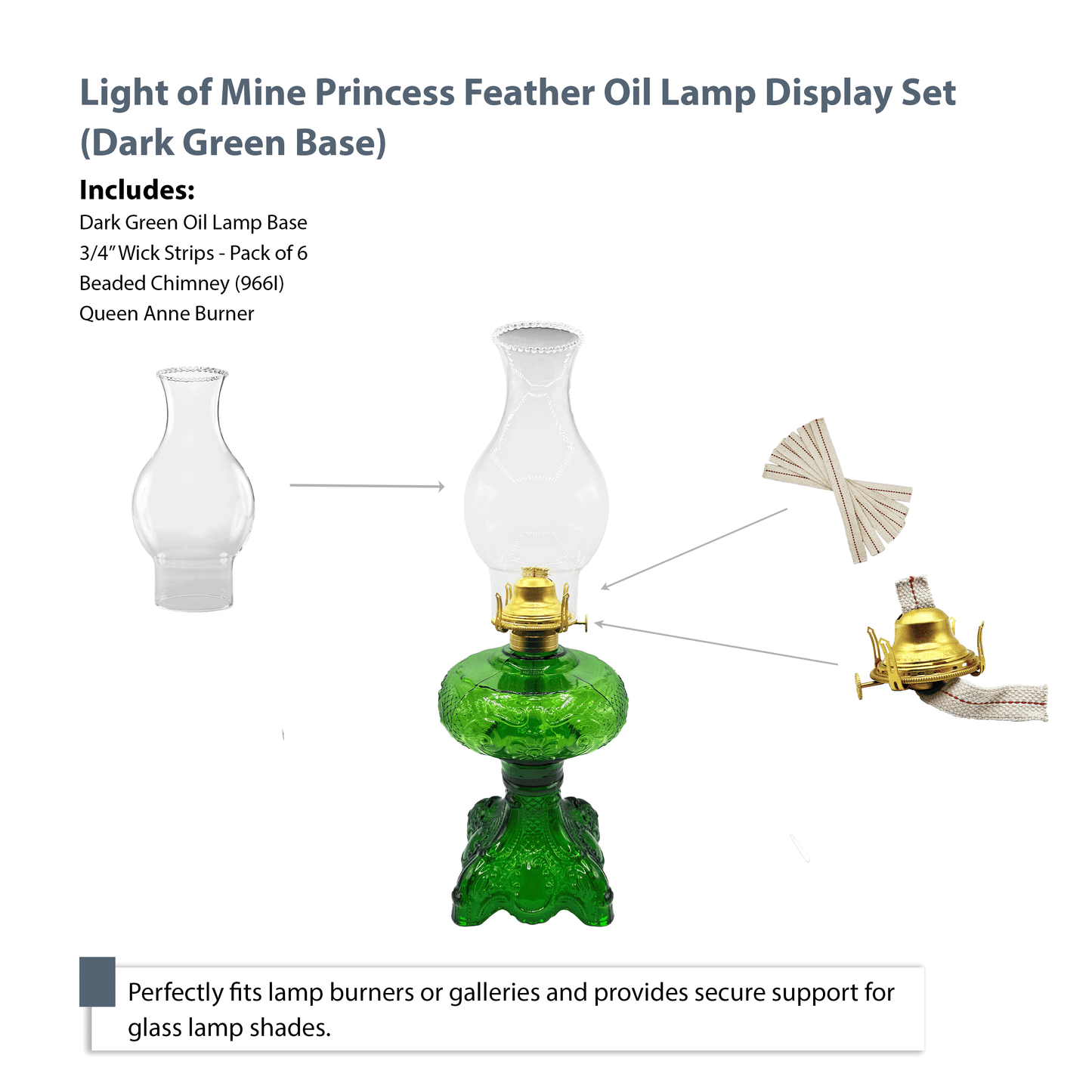 Light of Mine - Princess Feather Dark Green Oil Lamp Assembly with 100% Cotton Replacement 3/4" Wick Strips
