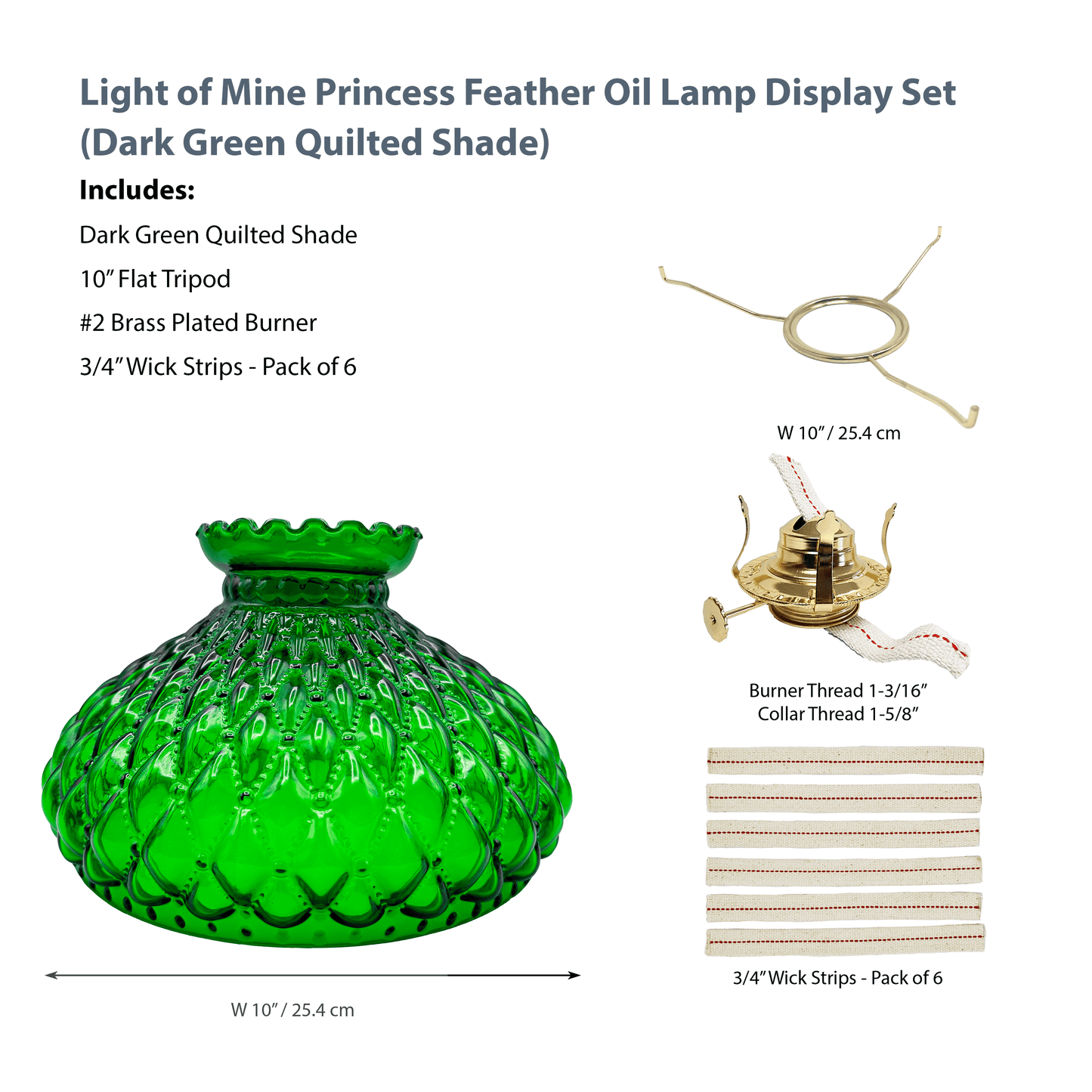 Light of Mine - Princess Feather Oil Lamp Replacement Kit Including, 10" Flat Tripod, 10" Dark Green Quilted Shade, No. 2 Brass Plated Burner, and 100% Cotton 3/4" Replacement Wick Strips