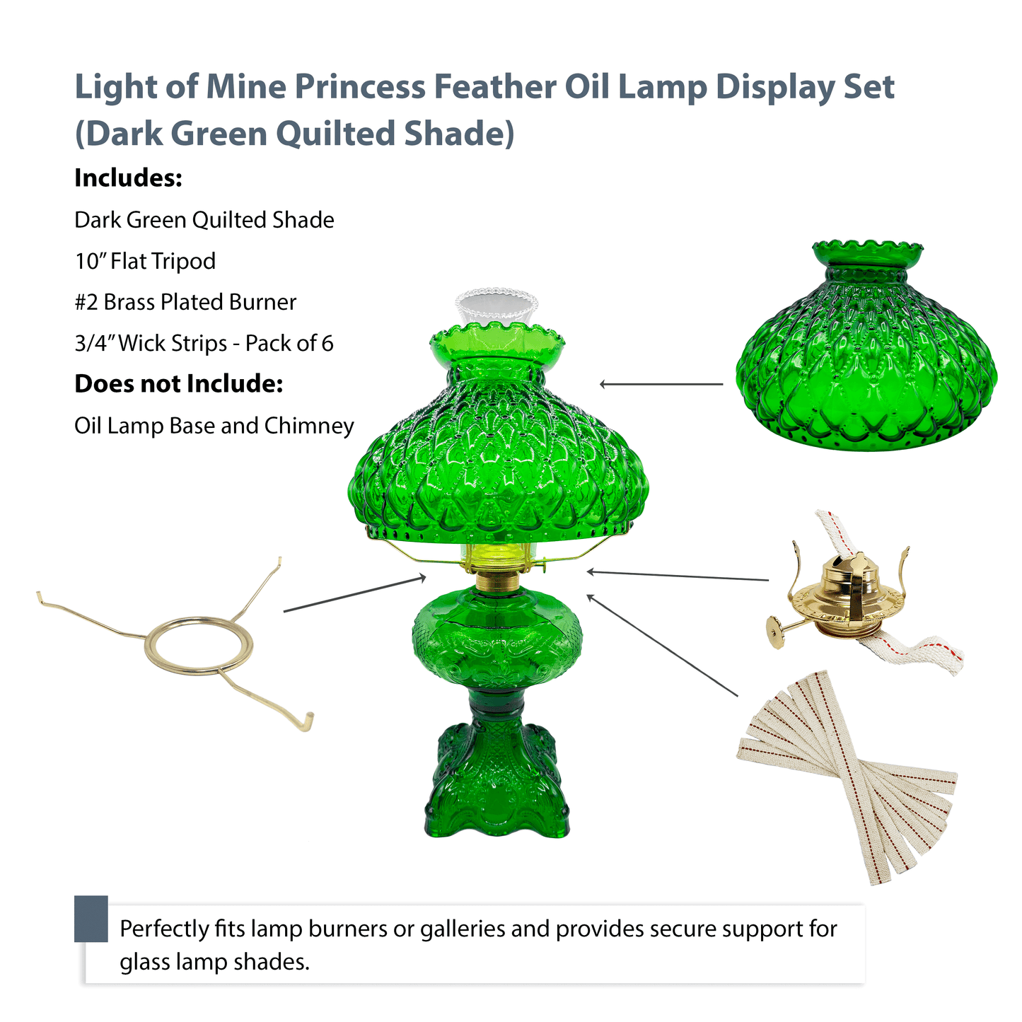 Light of Mine - Princess Feather Oil Lamp Replacement Kit Including, 10" Flat Tripod, 10" Dark Green Quilted Shade, No. 2 Brass Plated Burner, and 100% Cotton 3/4" Replacement Wick Strips