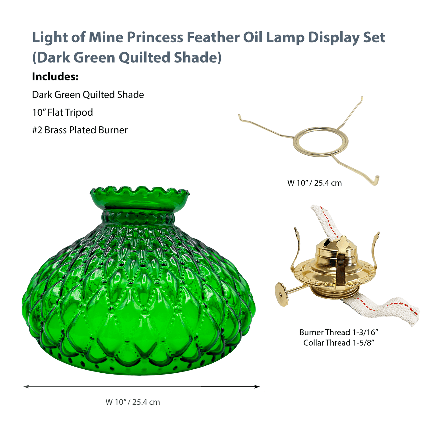 Light of Mine - Princess Feather Oil Lamp Replacement Kit Including 10" Dark Green Quilted Shade, #2 Brass Plated Burner, and 10" Flat Tripod