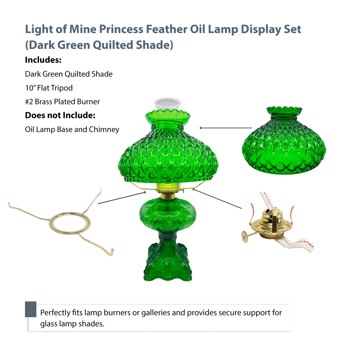 Light of Mine - Princess Feather Oil Lamp Replacement Kit Including 10" Dark Green Quilted Shade, #2 Brass Plated Burner, and 10" Flat Tripod