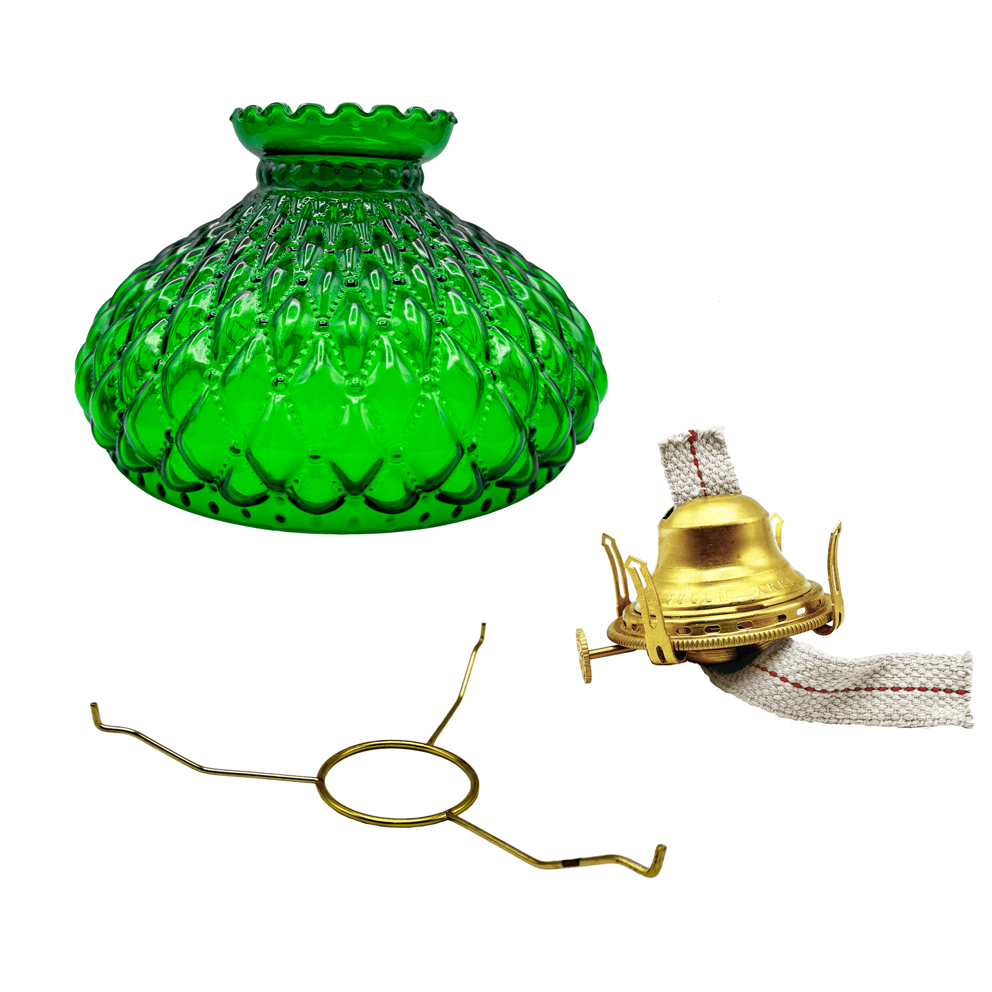 Light of Mine - Princess Feather Oil Lamp Replacement Kit Including 10" Dark Green Quilted Shade, Queen Anne Solid Brass Burner, and 10" Round Tripod