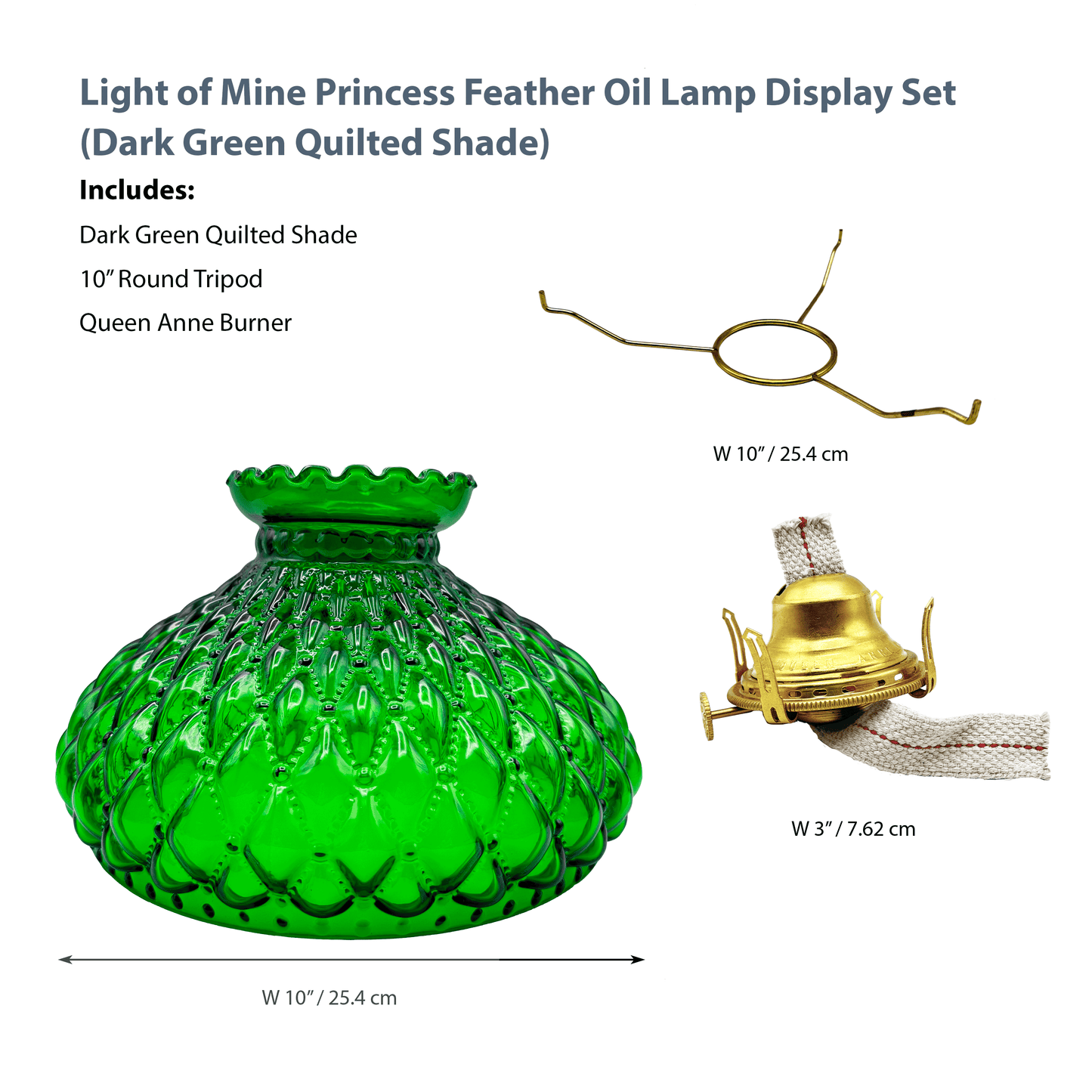 Light of Mine - Princess Feather Oil Lamp Replacement Kit Including 10" Dark Green Quilted Shade, Queen Anne Solid Brass Burner, and 10" Round Tripod