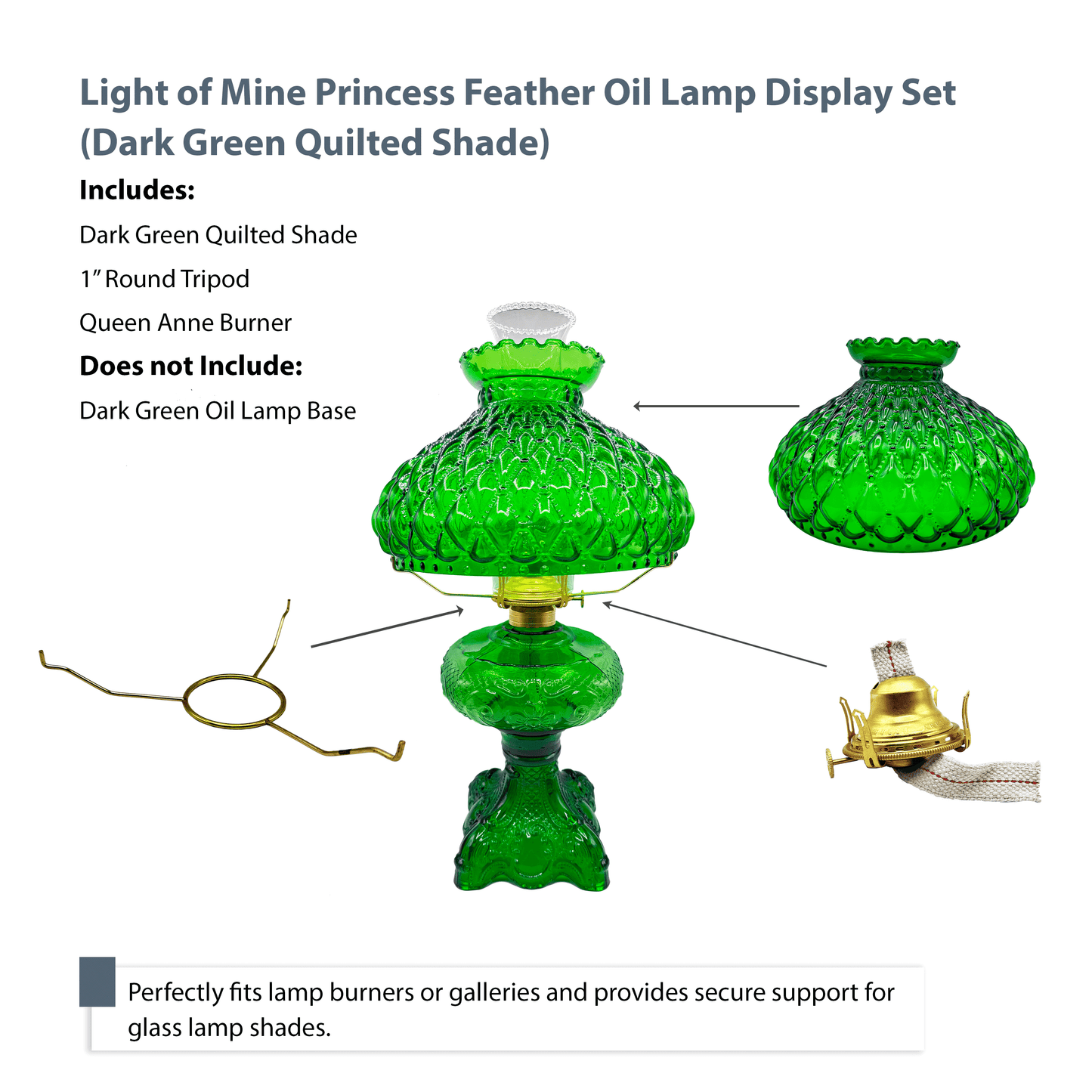 Light of Mine - Princess Feather Oil Lamp Replacement Kit Including 10" Dark Green Quilted Shade, Queen Anne Solid Brass Burner, and 10" Round Tripod